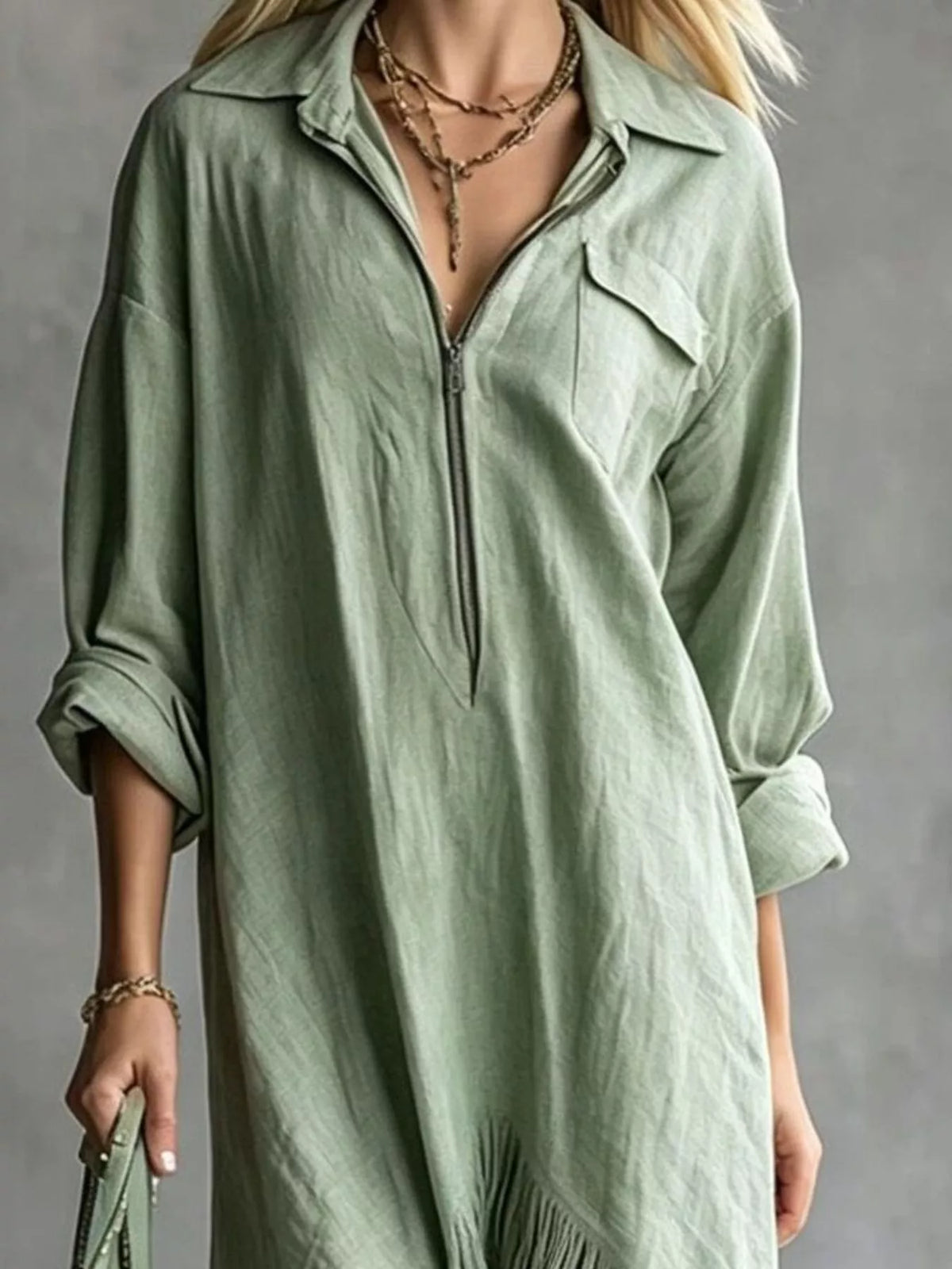 Zipper-Front Fringe Hem Midi Dress in green, bodice detail