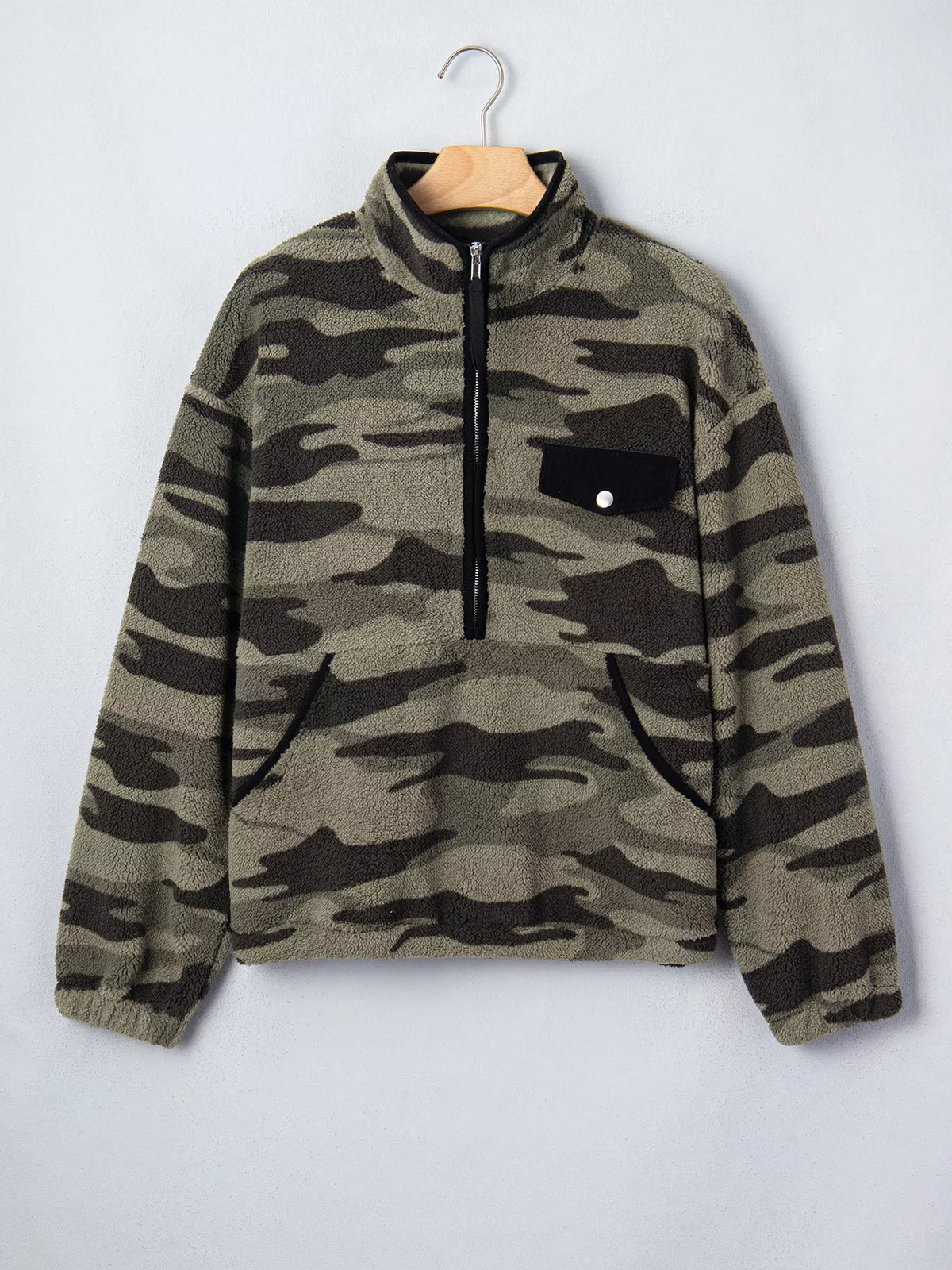 Camouflage Fleece Half Zip-Up Pocket Sweatshirt in army green, front view