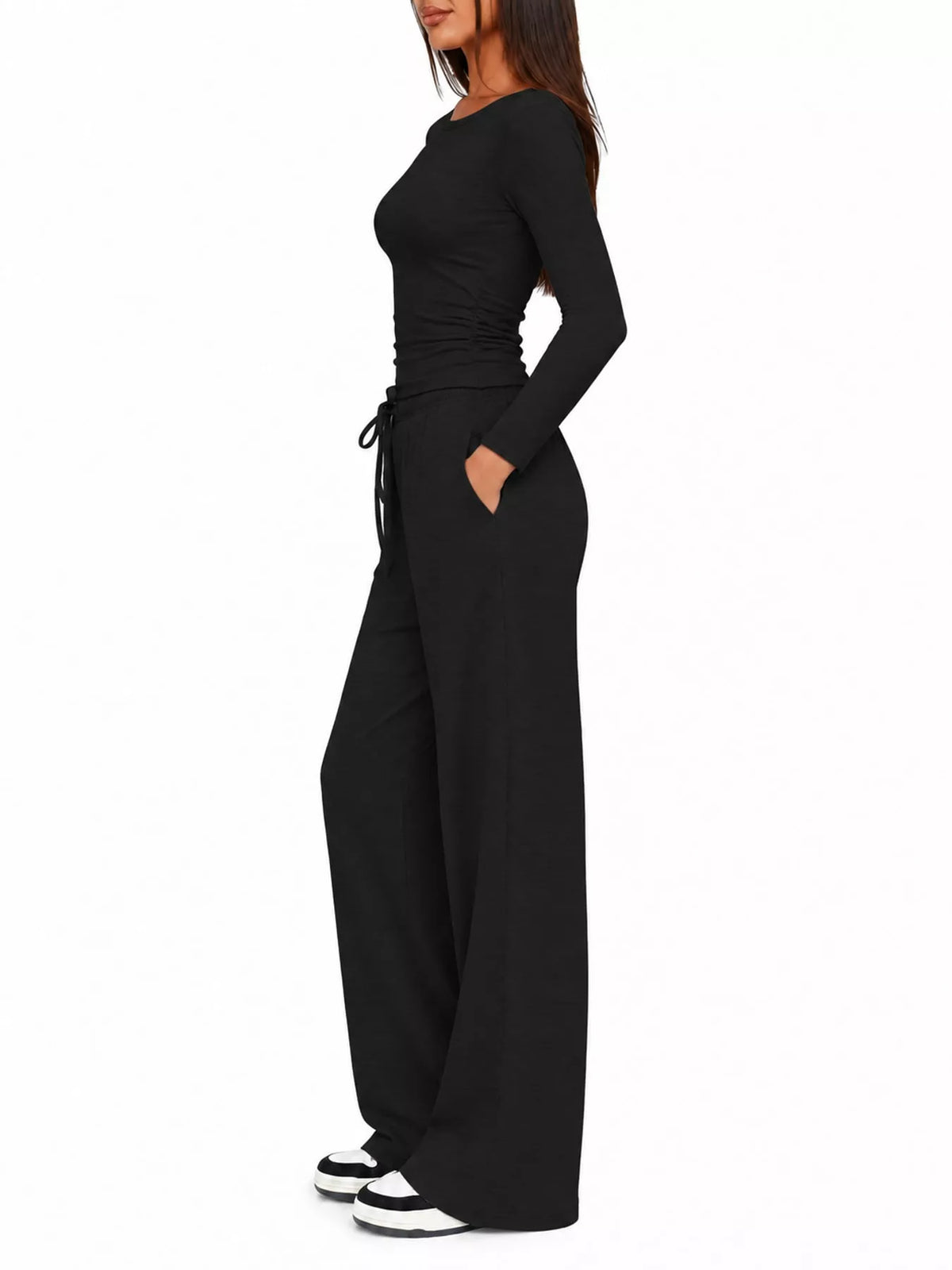 Long Sleeve Top and Wide-Leg Drawstring Pants Set — side view