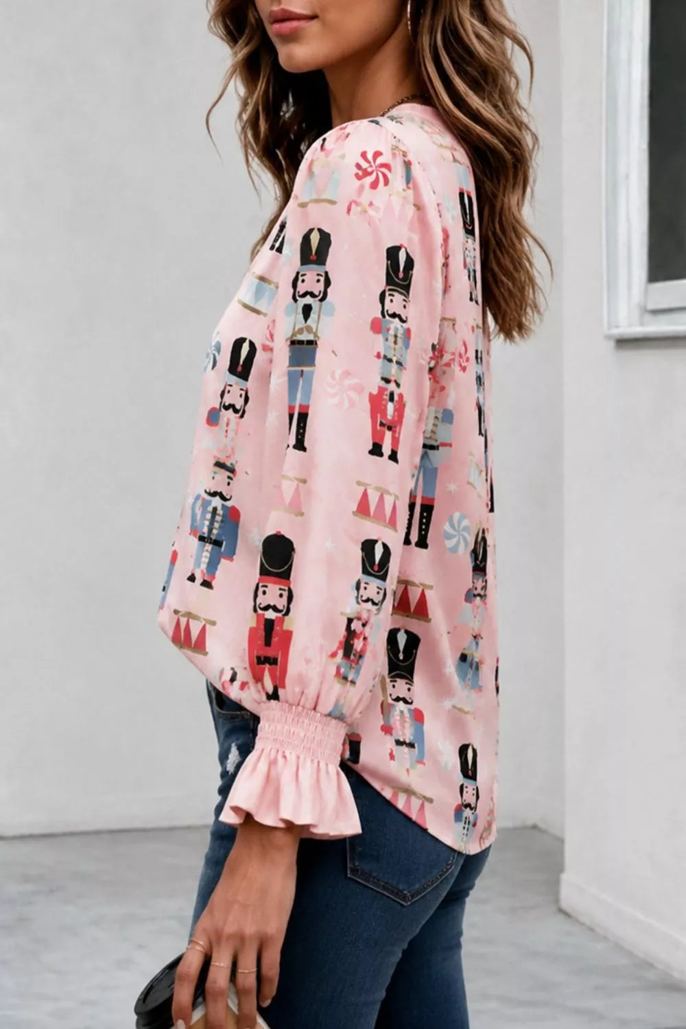 Trendsi Nutcracker Print Notched Flounce Sleeve Blouse -