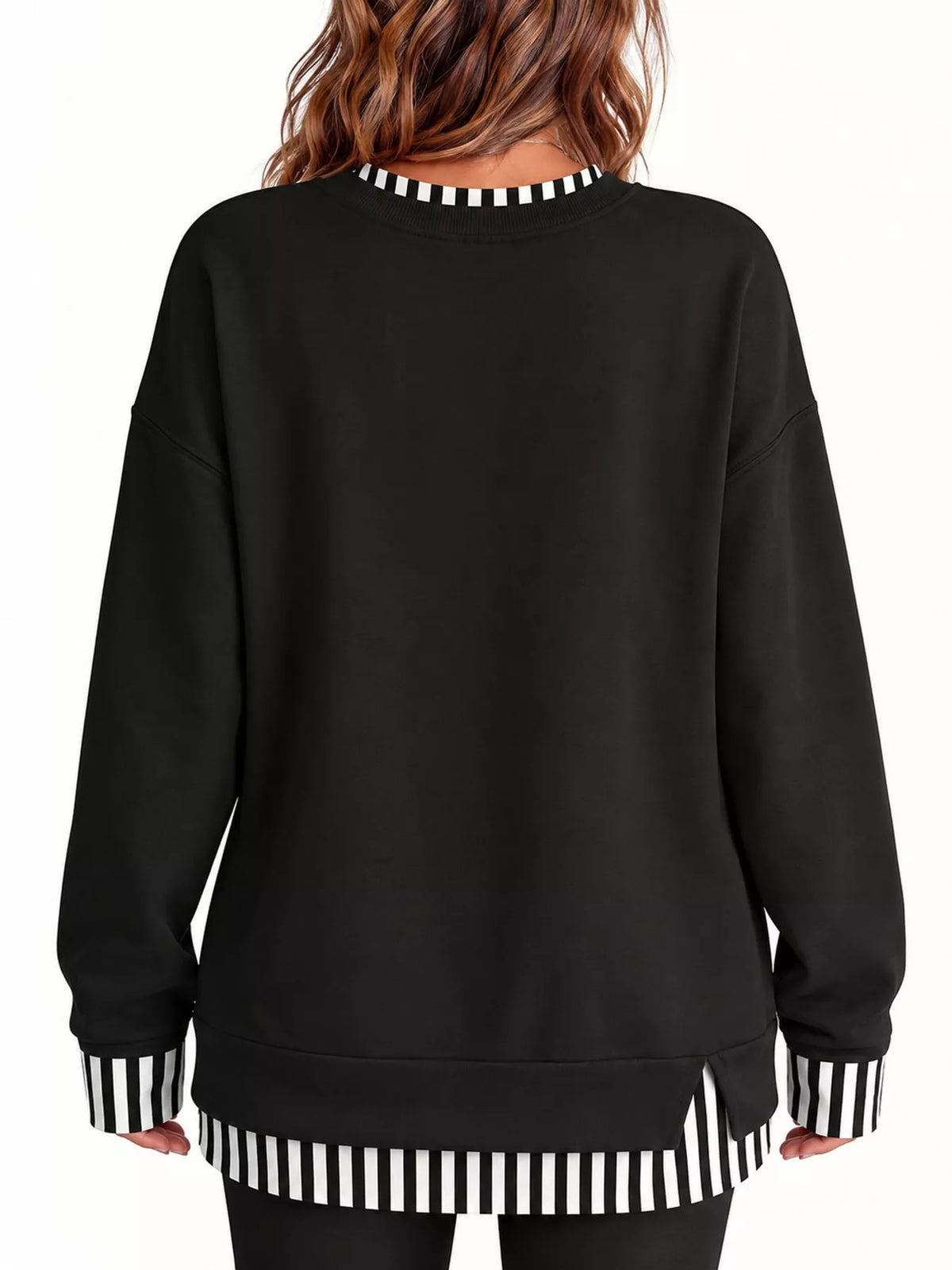 Layered Look Crew Neck Sweatshirt in black with striped trim, back view