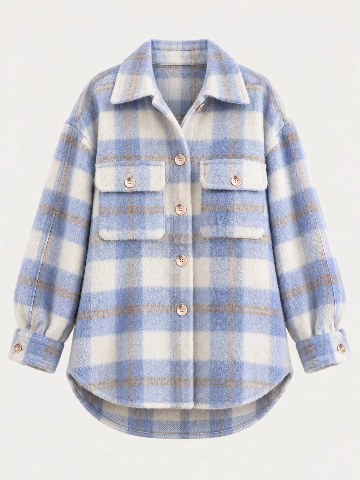 Blue and cream plaid button down jacket, front view