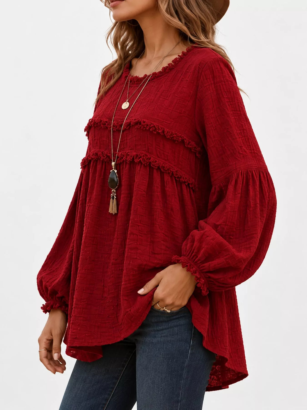 Red textured frayed-trim peplum blouse