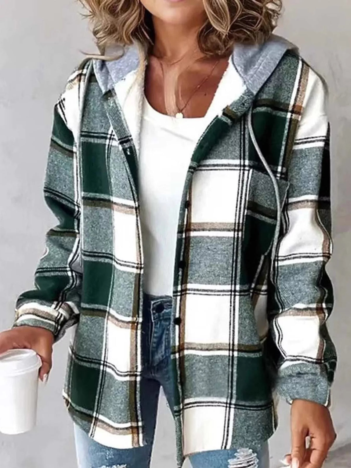 Button-Down Printed Contrast Hooded Shacket — front view