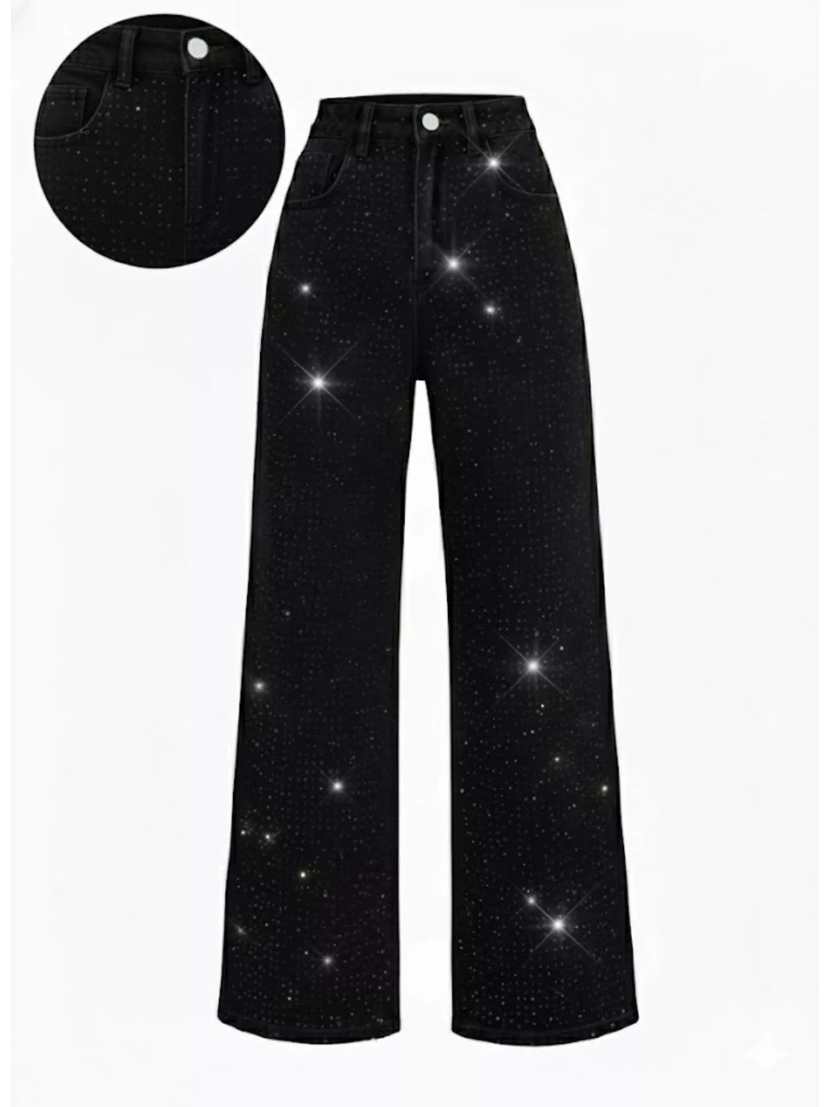 Black high-waisted rhinestone wide-leg jeans — front view