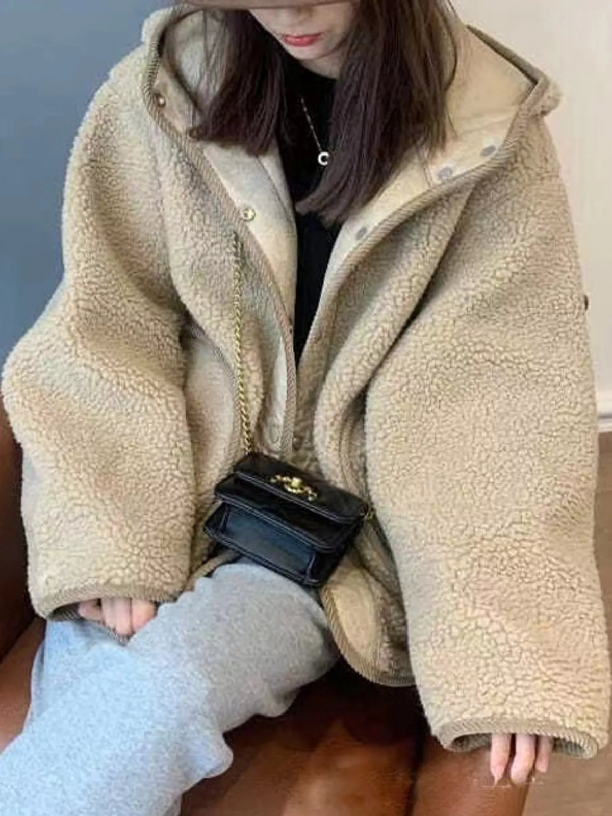 Apricot sherpa fleece hooded snap-button jacket