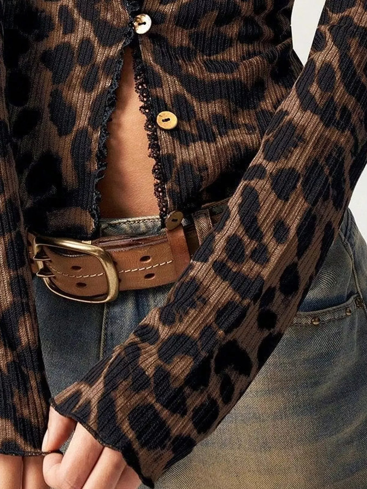 Leopard Print Ribbed V-Neck Button-Down Blouse, detail view in leopard print