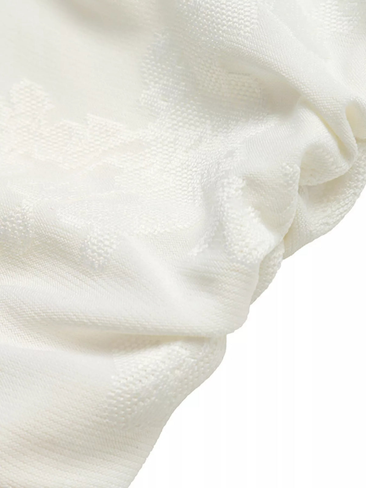 Ivory floral jacquard top with Mandarin collar and loop-button neckline, fabric detail