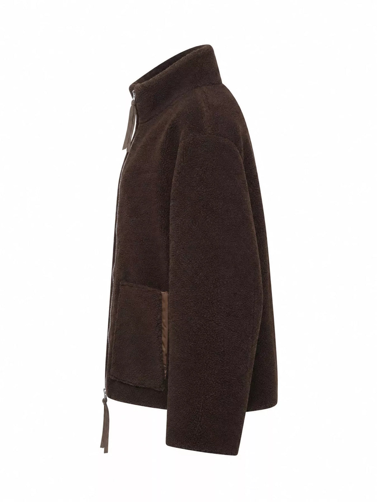 Brown sherpa zip-up jacket, side view