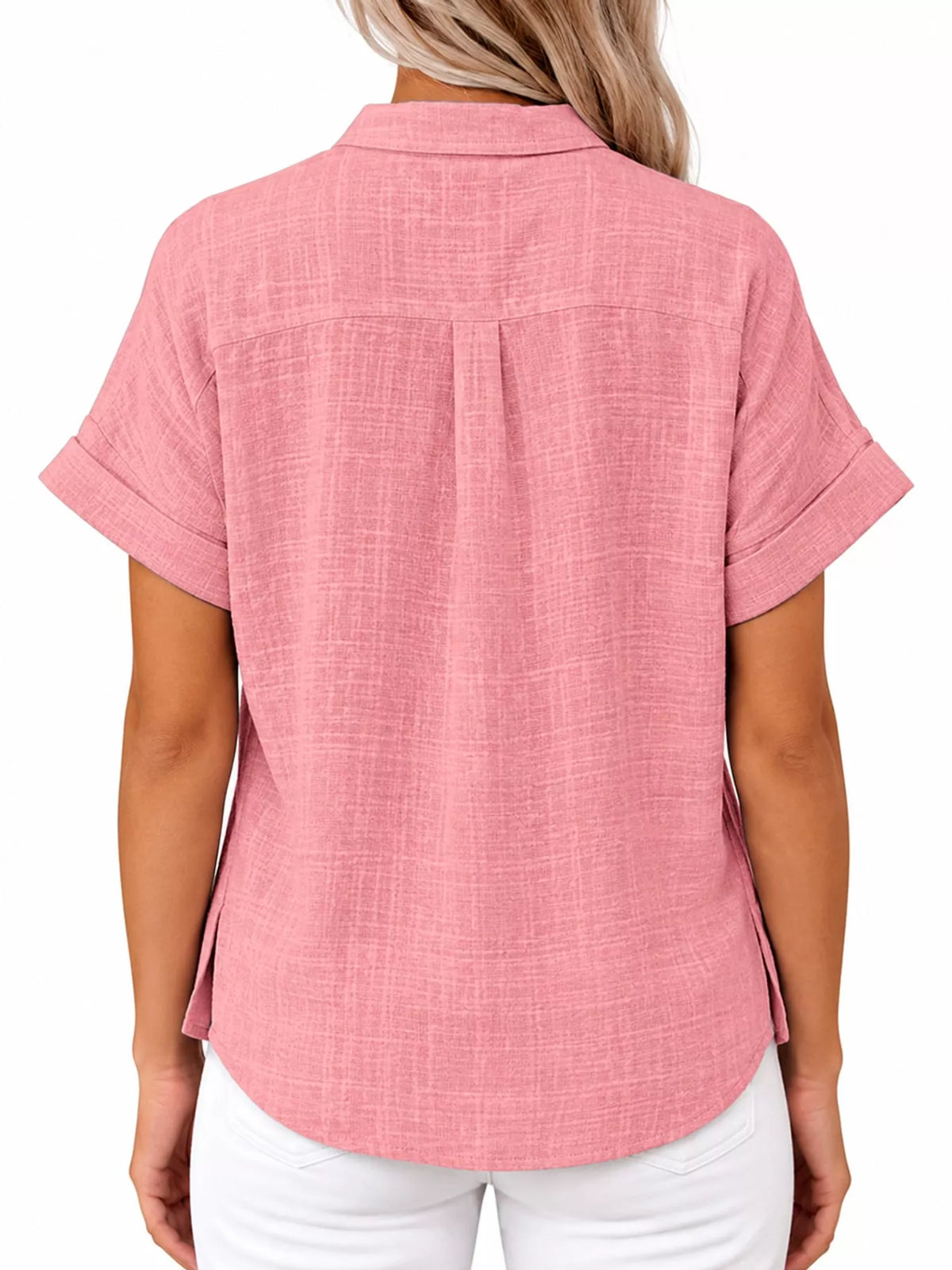 Women's Button Up Short Sleeve Shirt in pink — back view