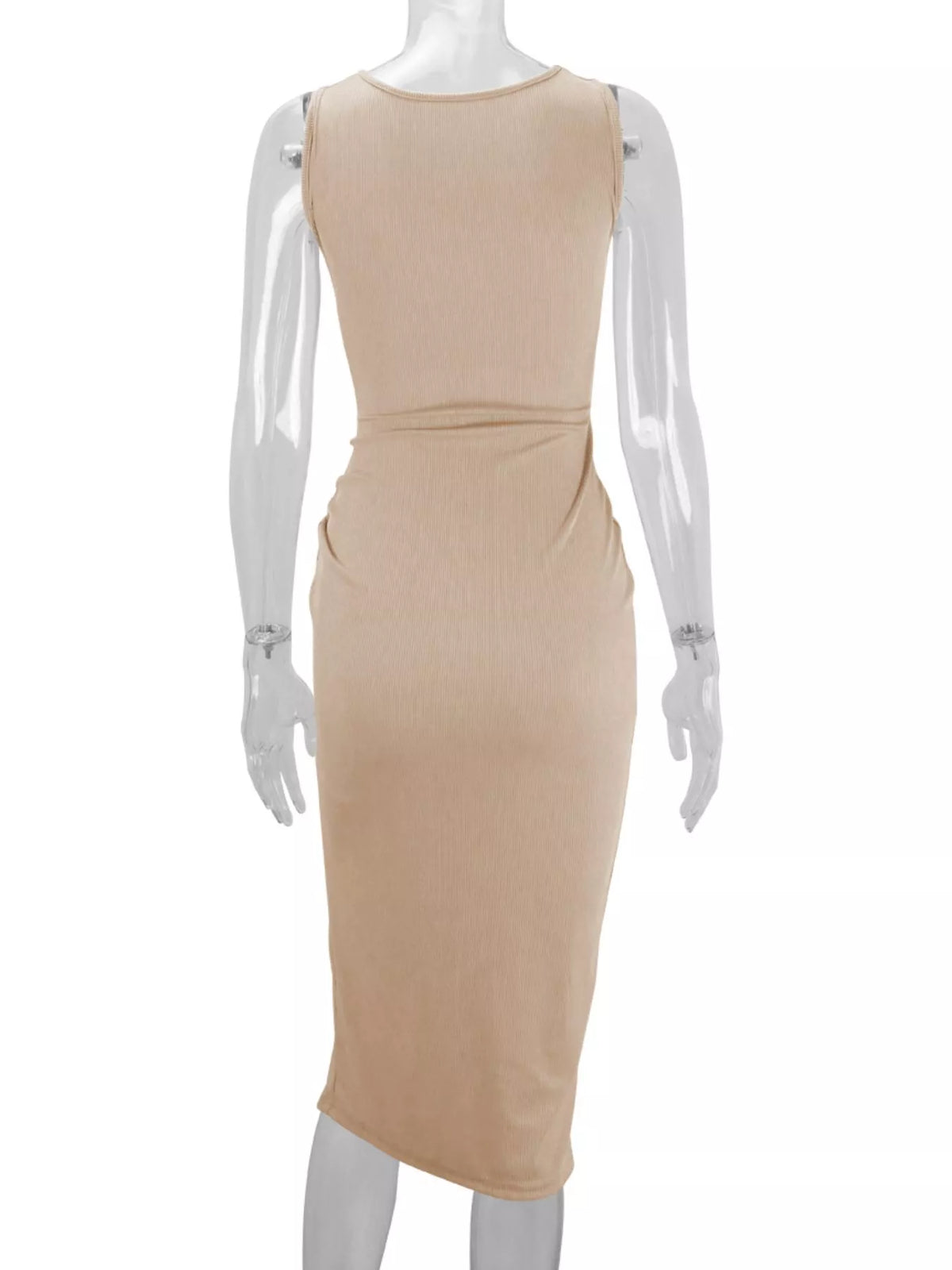 Women's Sleeveless Cut-Out Ruched High-Slit Bodycon Dress in beige — mannequin back view