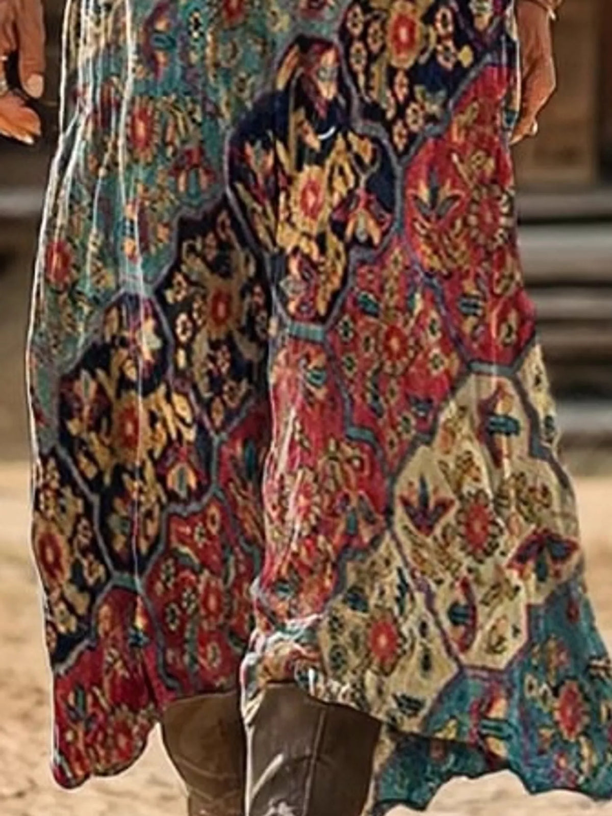 Floral Print V-Neck Long Sleeve Dress, detail view in multicolor