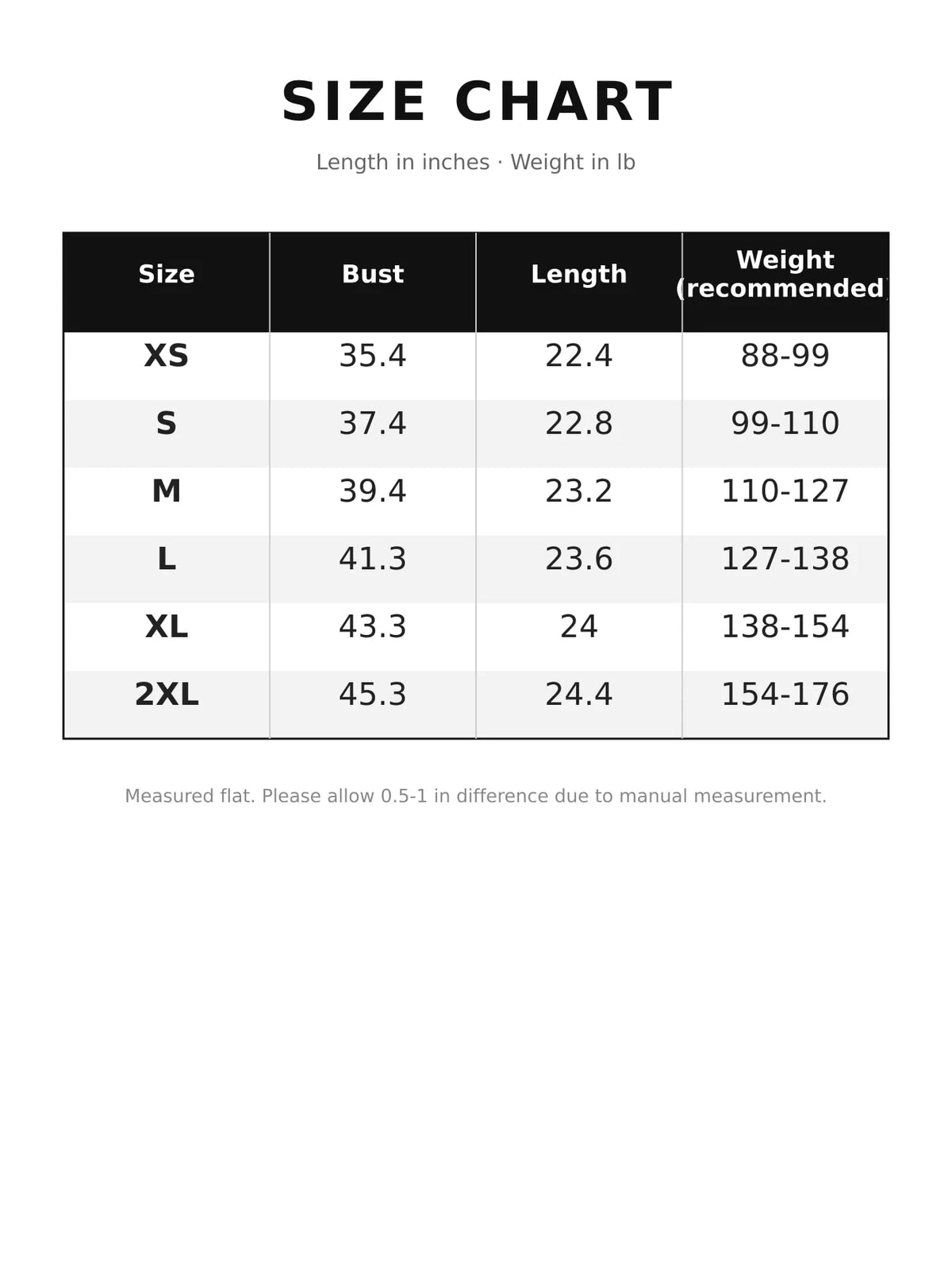 Turtleneck sweater, size chart