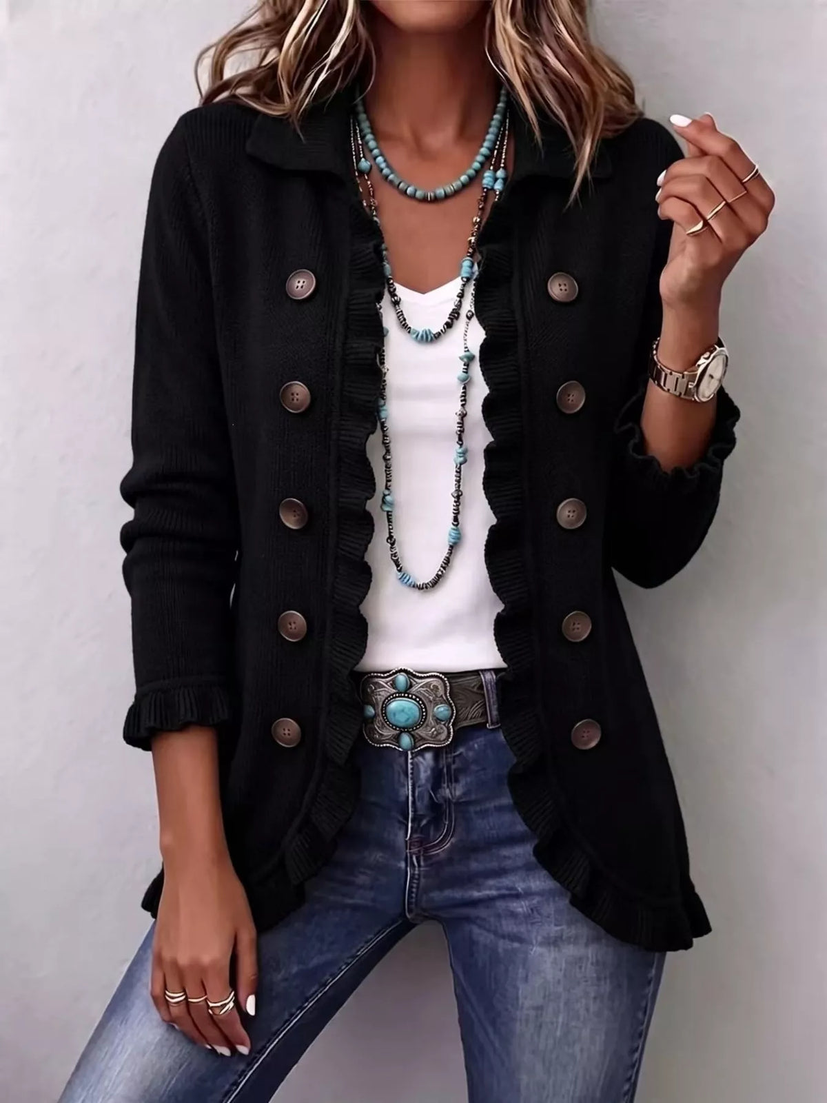 Black ruffle-trim button-front cardigan