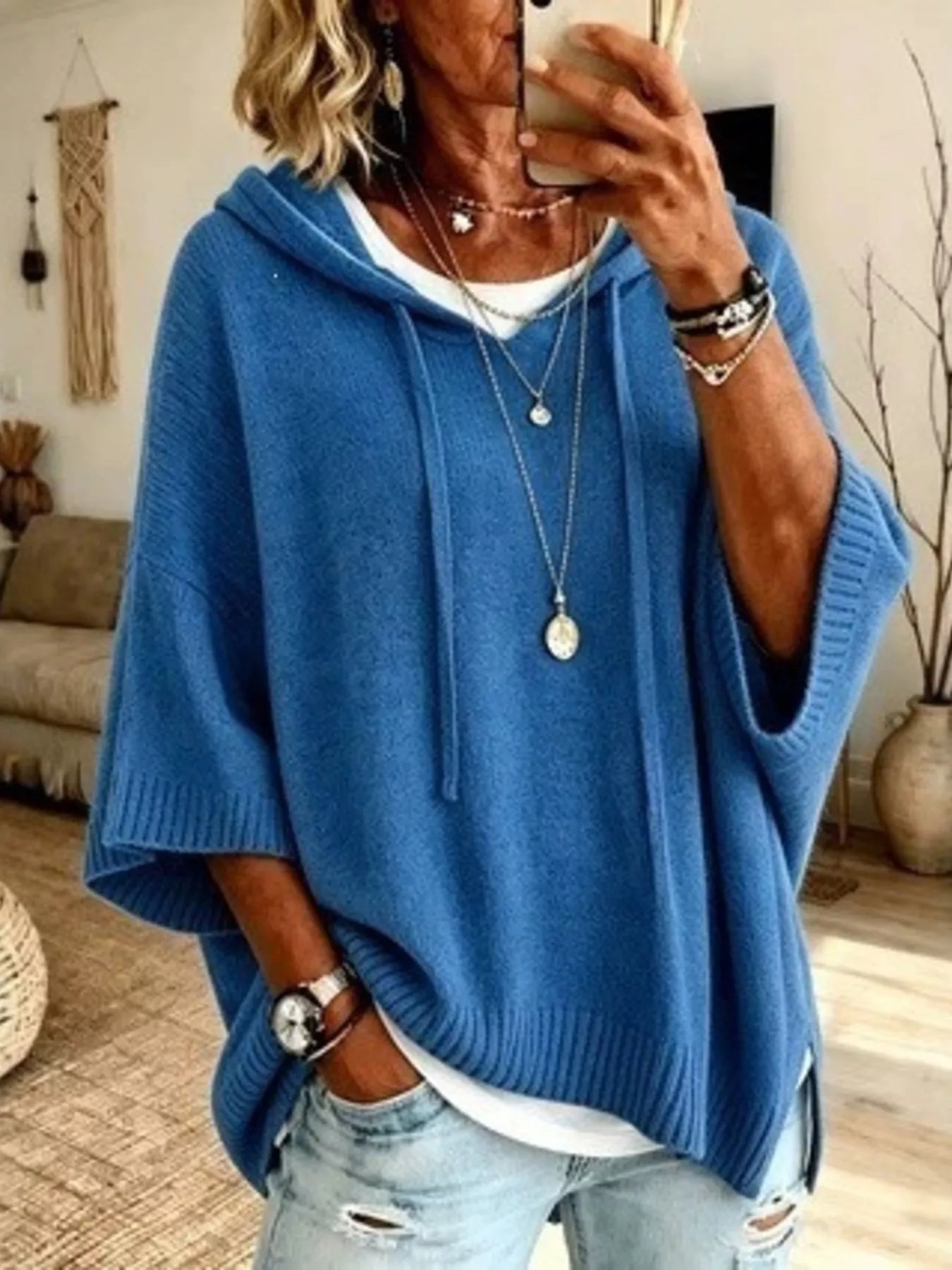 Trendsi Full Size Casual Hooded Batwing Sleeve Knit Sweater Plus Size -