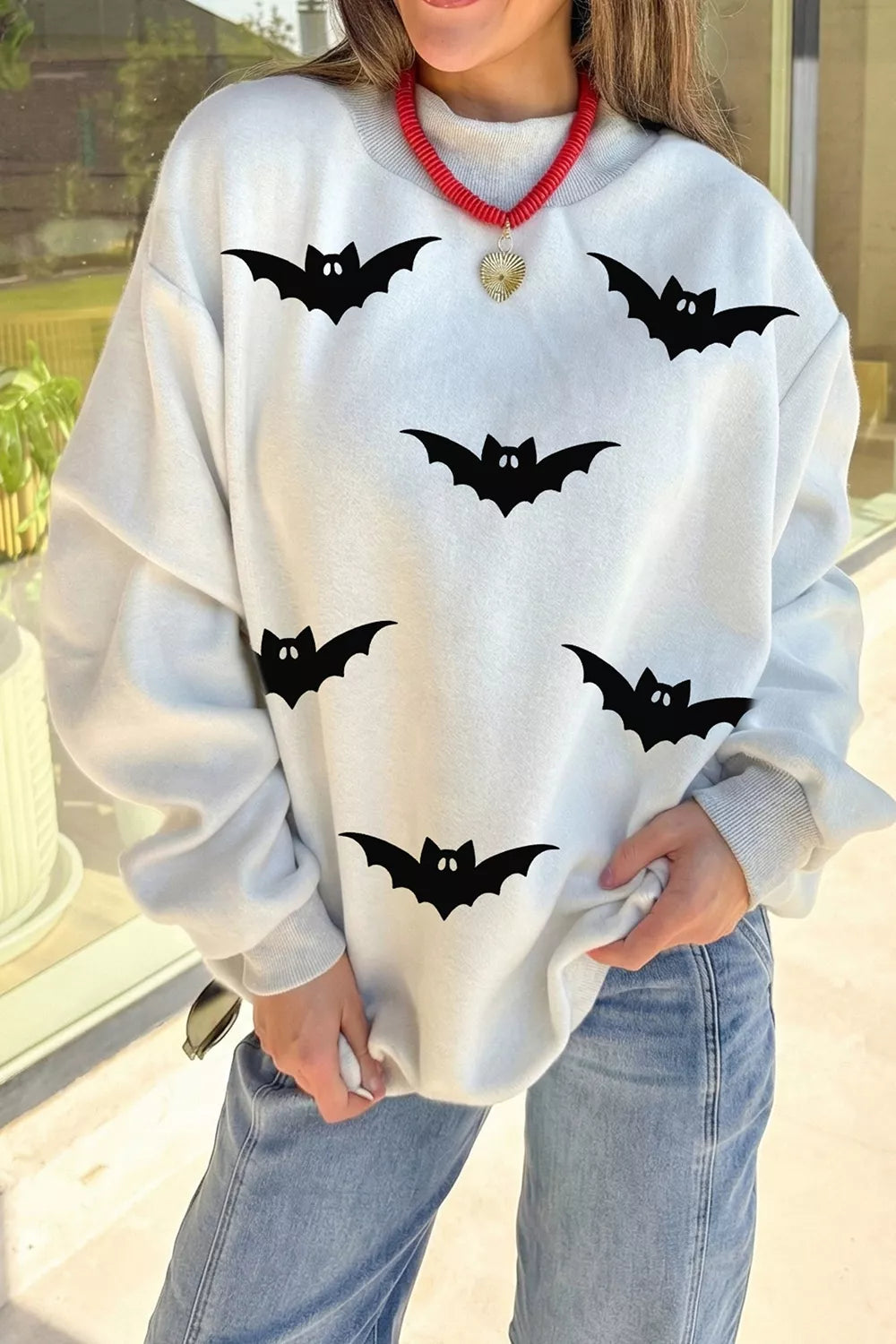 Halloween BOO & Bat Printed Reversible Mock Neck Sweatshirt in white bats, front view