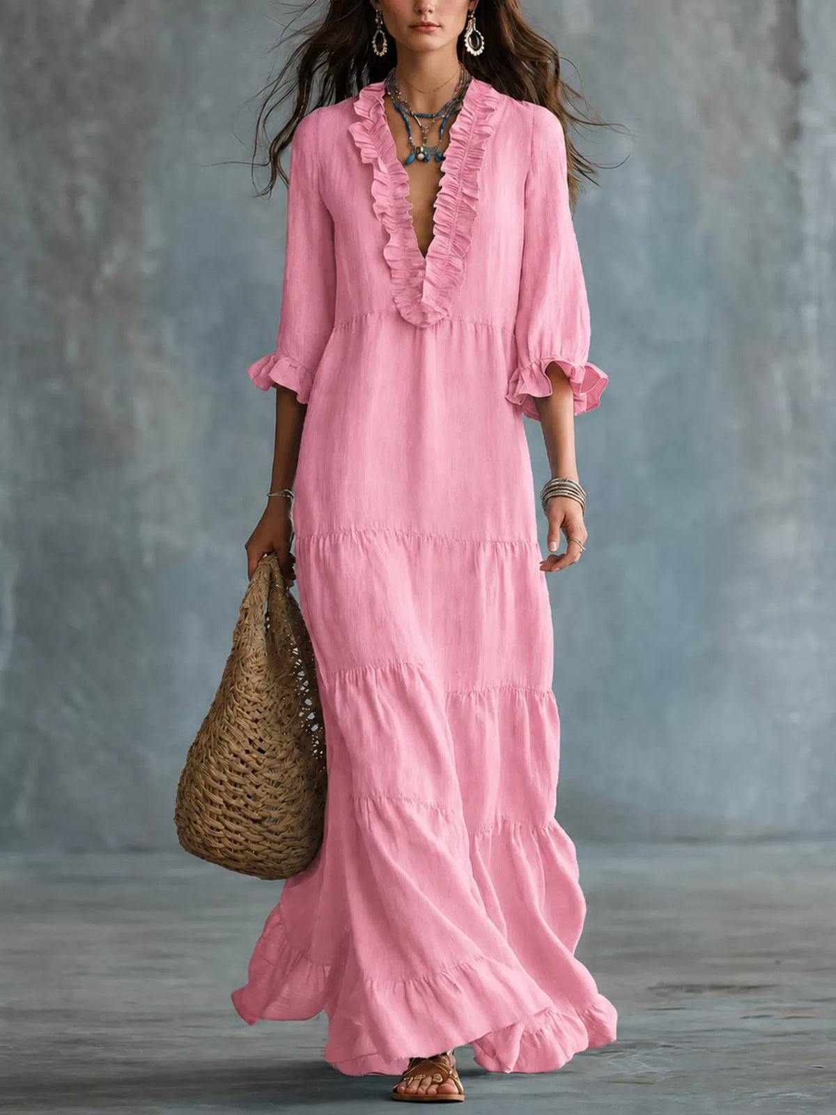 Trendsi Ruffled V-Neck Tiered Maxi Dress -