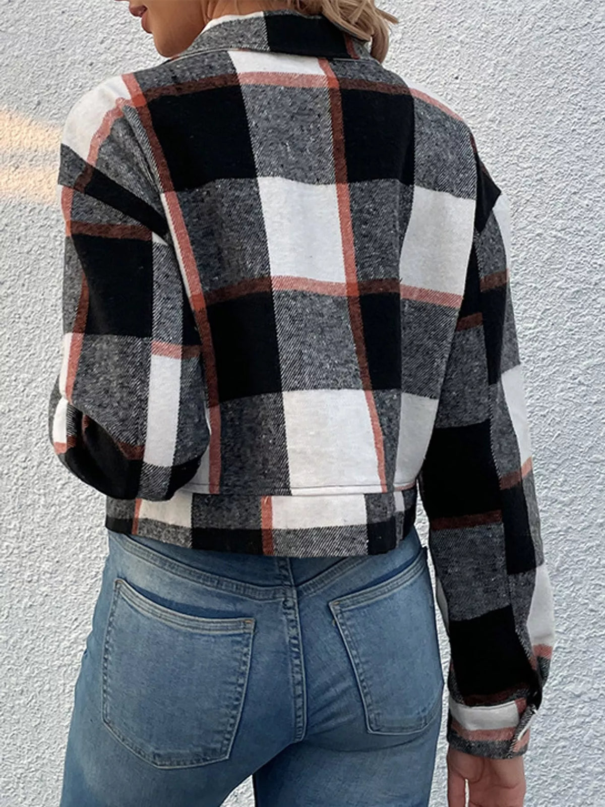 Plaid cropped jacket, black plaid back