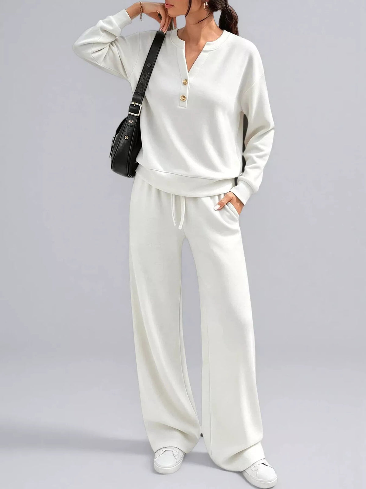 Button-detail dropped-shoulder top and pants set