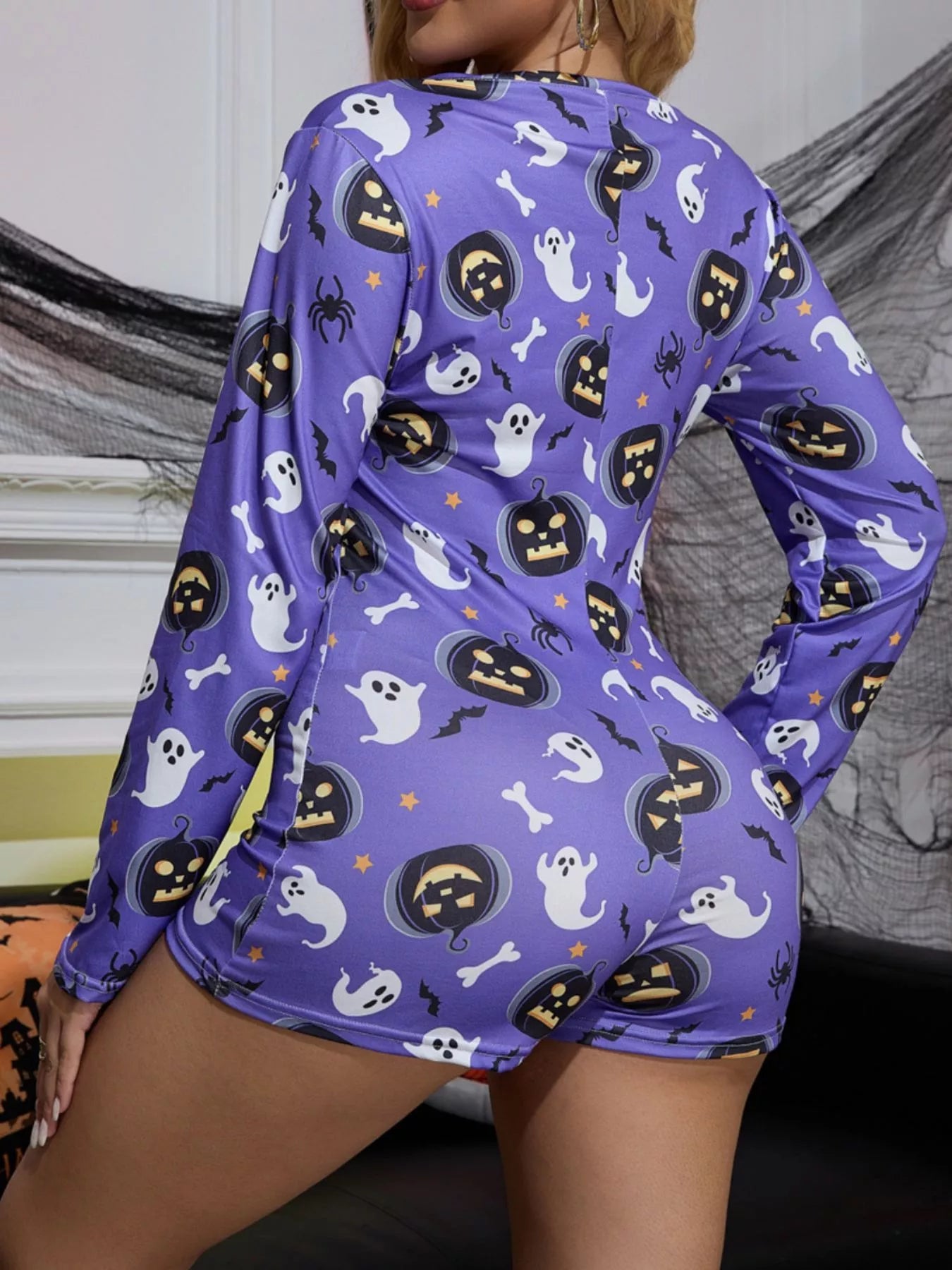 Trendsi Halloween Pumpkin Print Button-Front Lounge Romper -