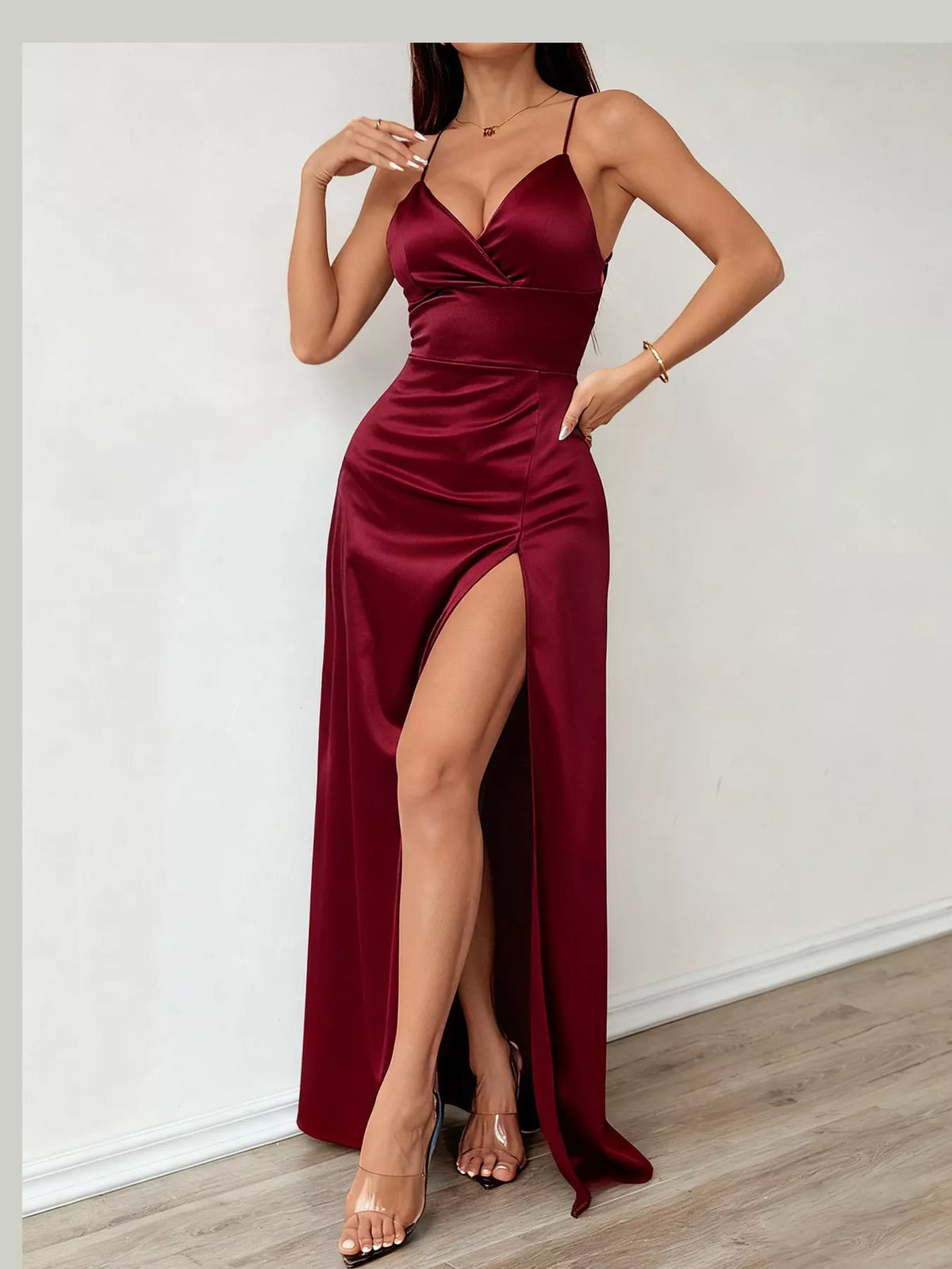 Lace-Up Back Slit Maxi Dress — front view