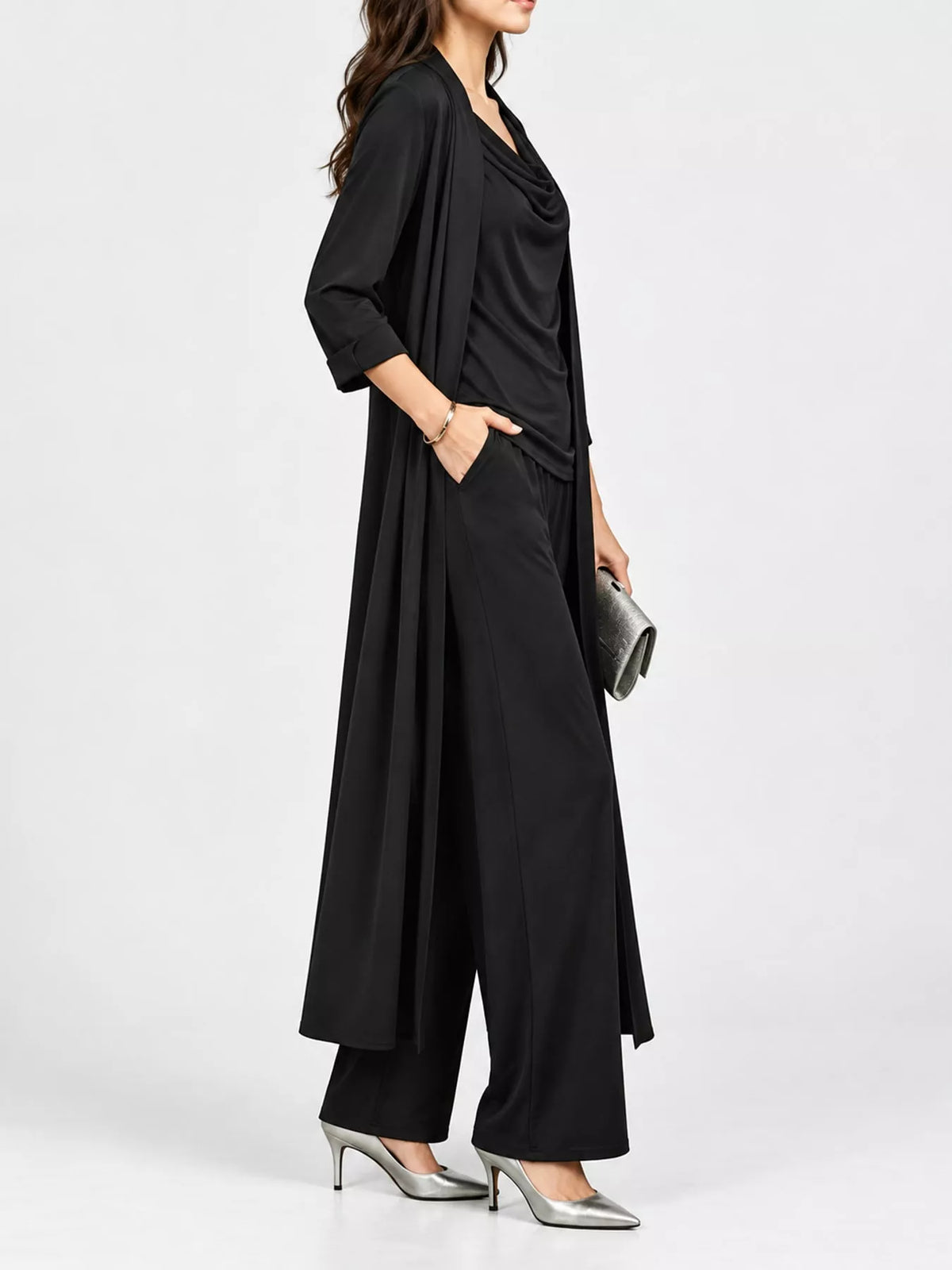 Black cowl neck top, cardigan and pants set, side view