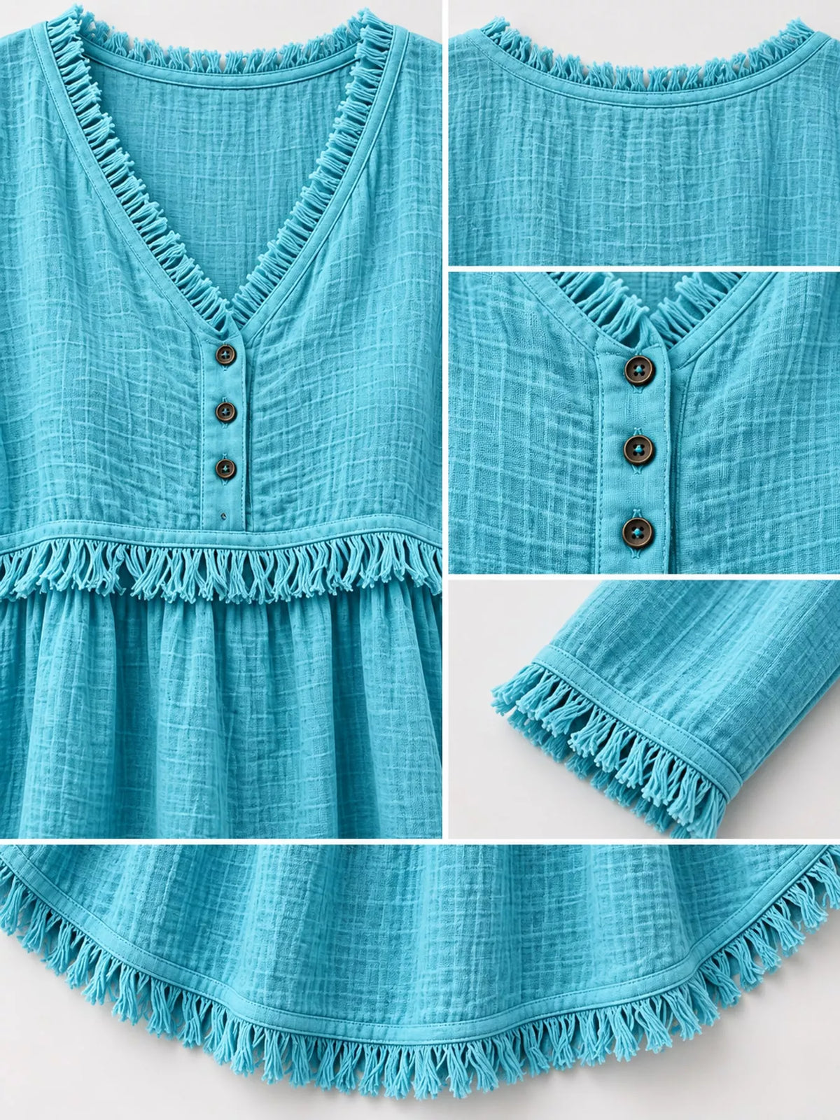 Fringe-trim blouse, turquoise detail collage
