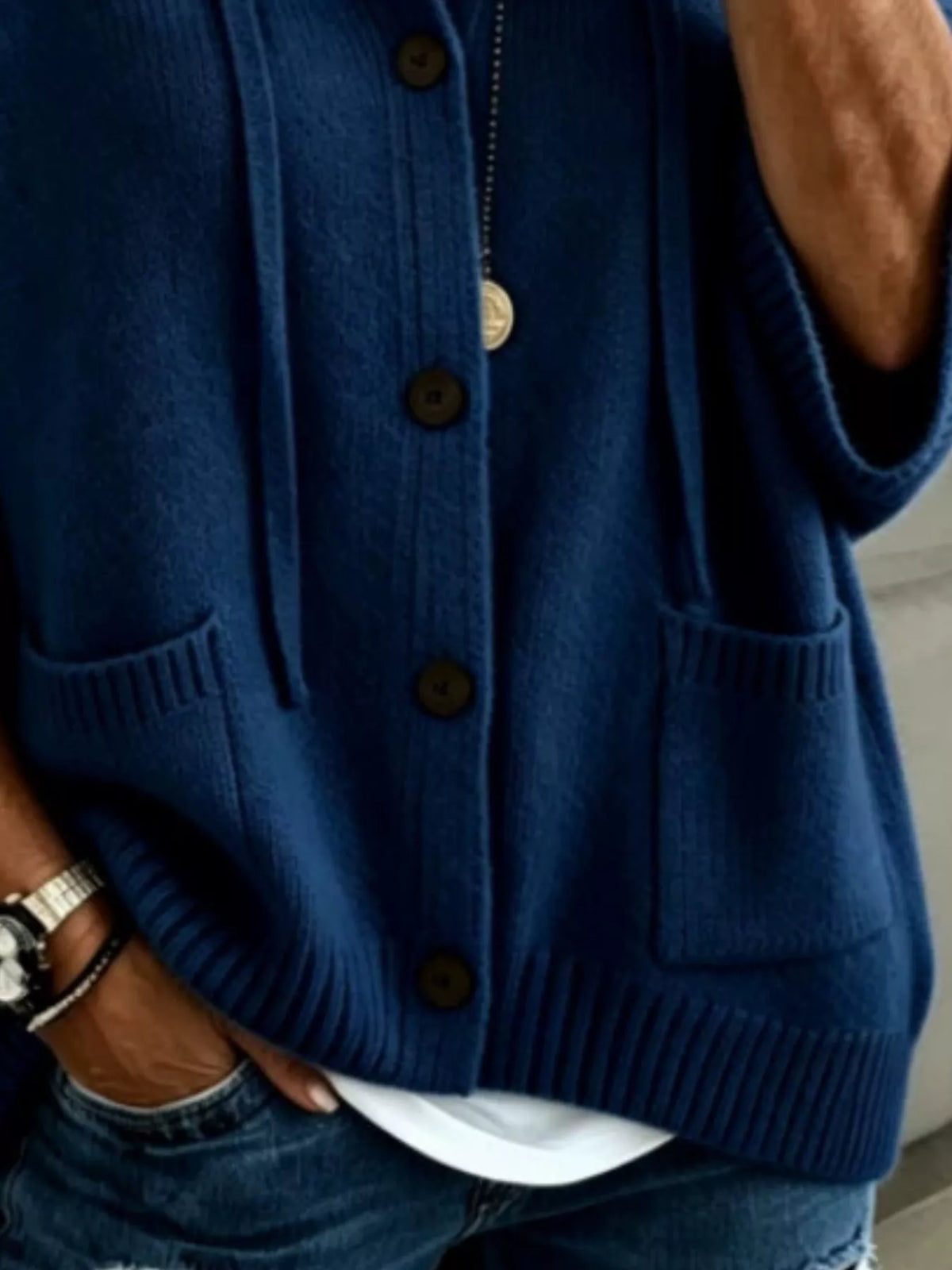 Trendsi Full Size Casual Hooded Button-Down Knit Cardigan with Pockets Plus Size -