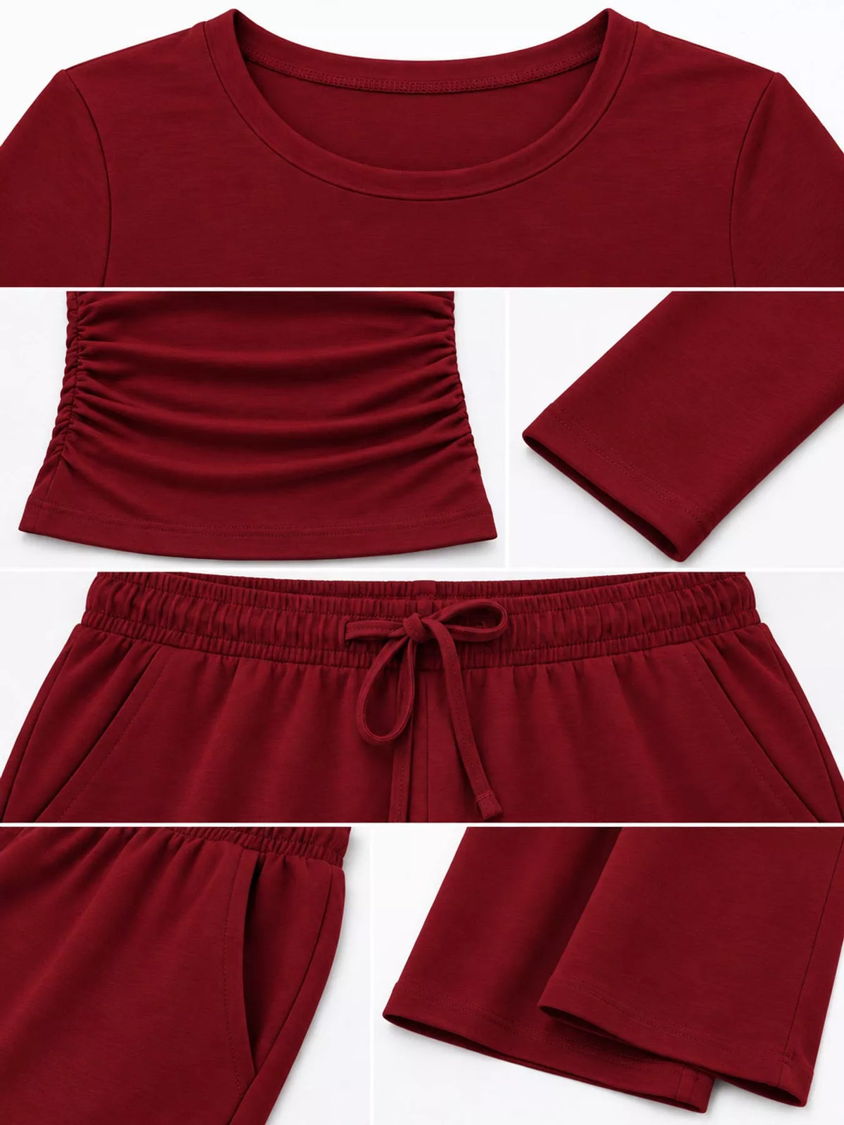 Long Sleeve Ruched Top and Wide-Leg Drawstring Pants Set — construction details