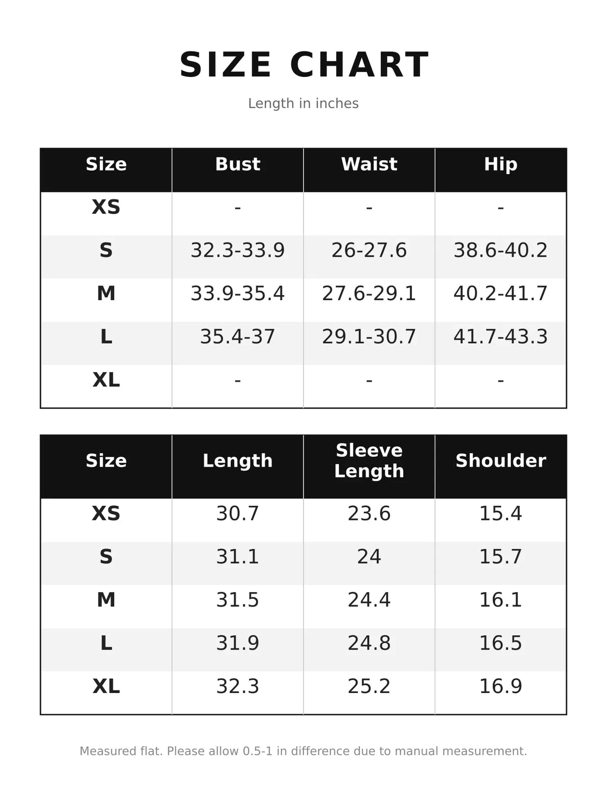 Size chart for double-breasted blazer dress