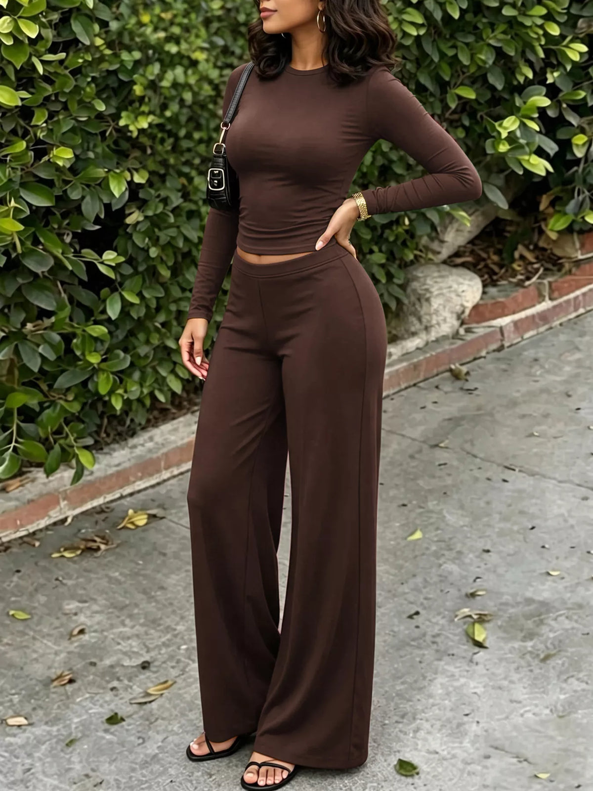 Crop Top and Wide Leg Pant Set in brown, front view