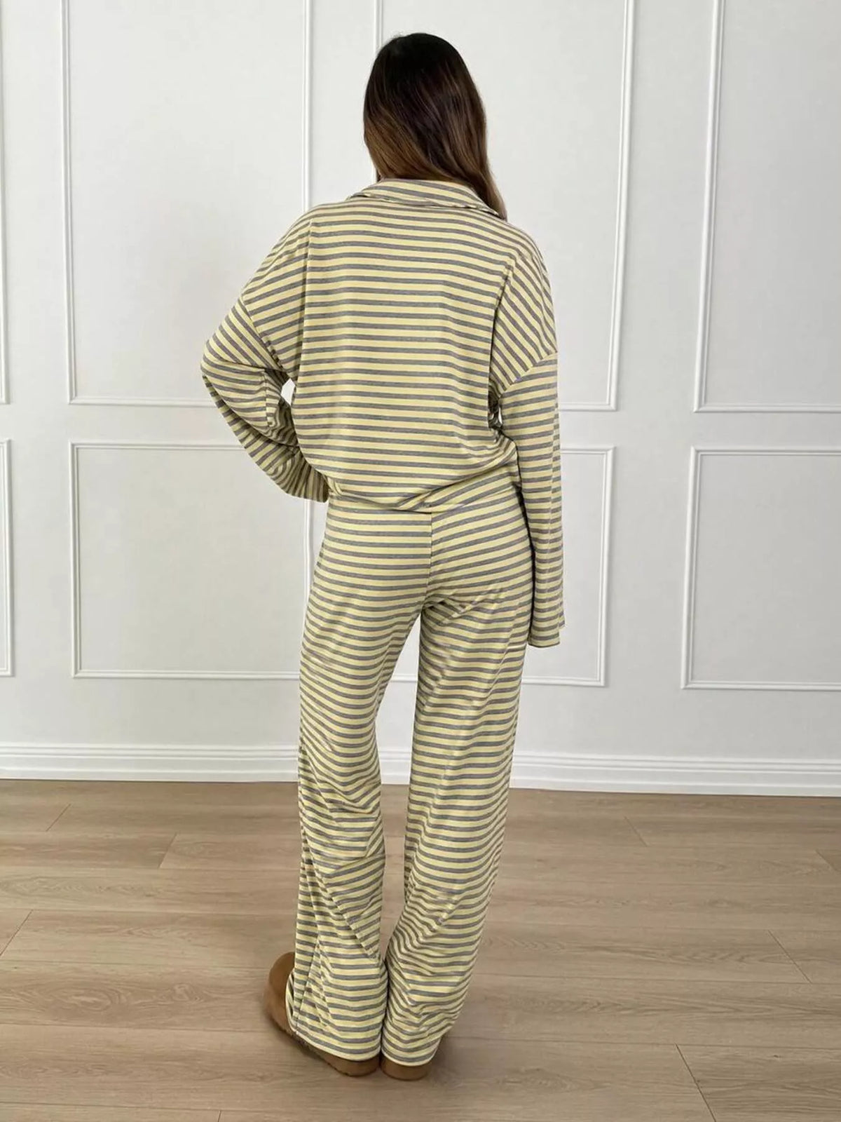 Striped Polo Top and Wide-Leg Pants Set, back view