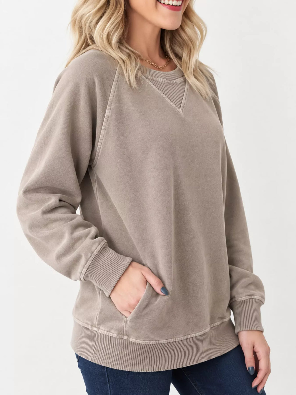 Taupe crew neck raglan sleeve sweatshirt, side view