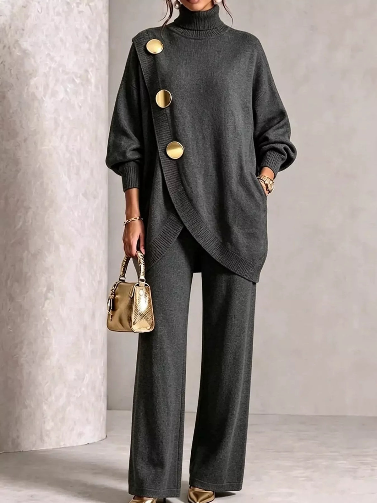 Turtleneck Asymmetric Sweater and Pants Set, front view