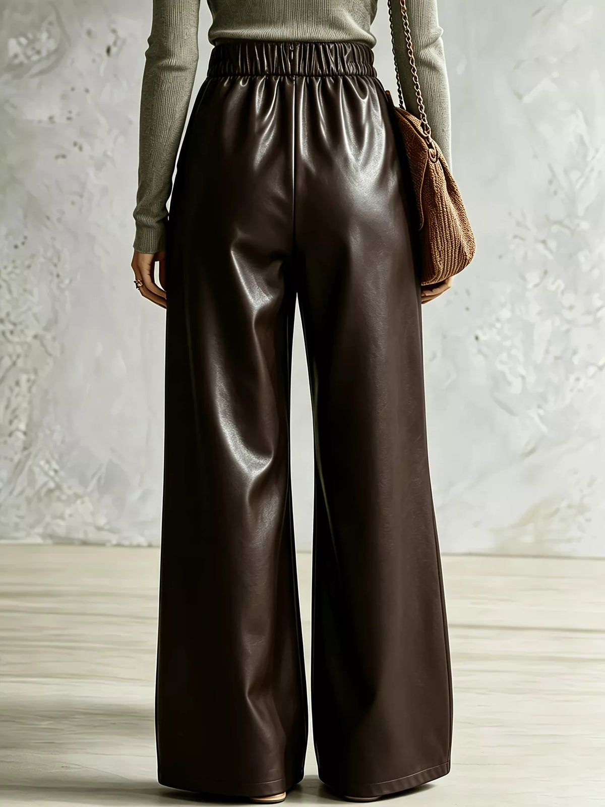 Brown Crisscross-Waist Wide-Leg Pull-On Pants back view