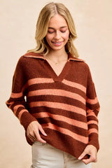 Trendsi BiBi Striped Sweater Top with Collar Stitched Details -