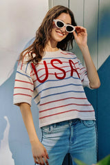 Trendsi SO ME Usa Stripe Knit Short Sleeves Sweater Top -