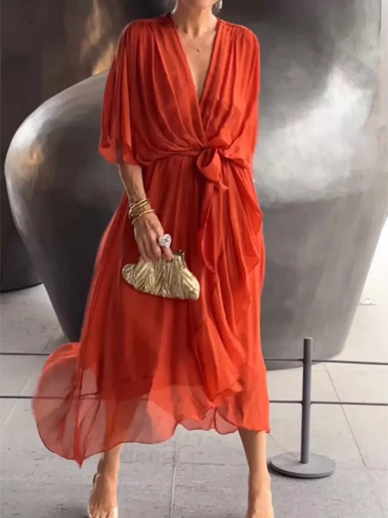 Trendsi Full Size Chiffon Wrap Dress with Flutter Sleeves Plus Size -