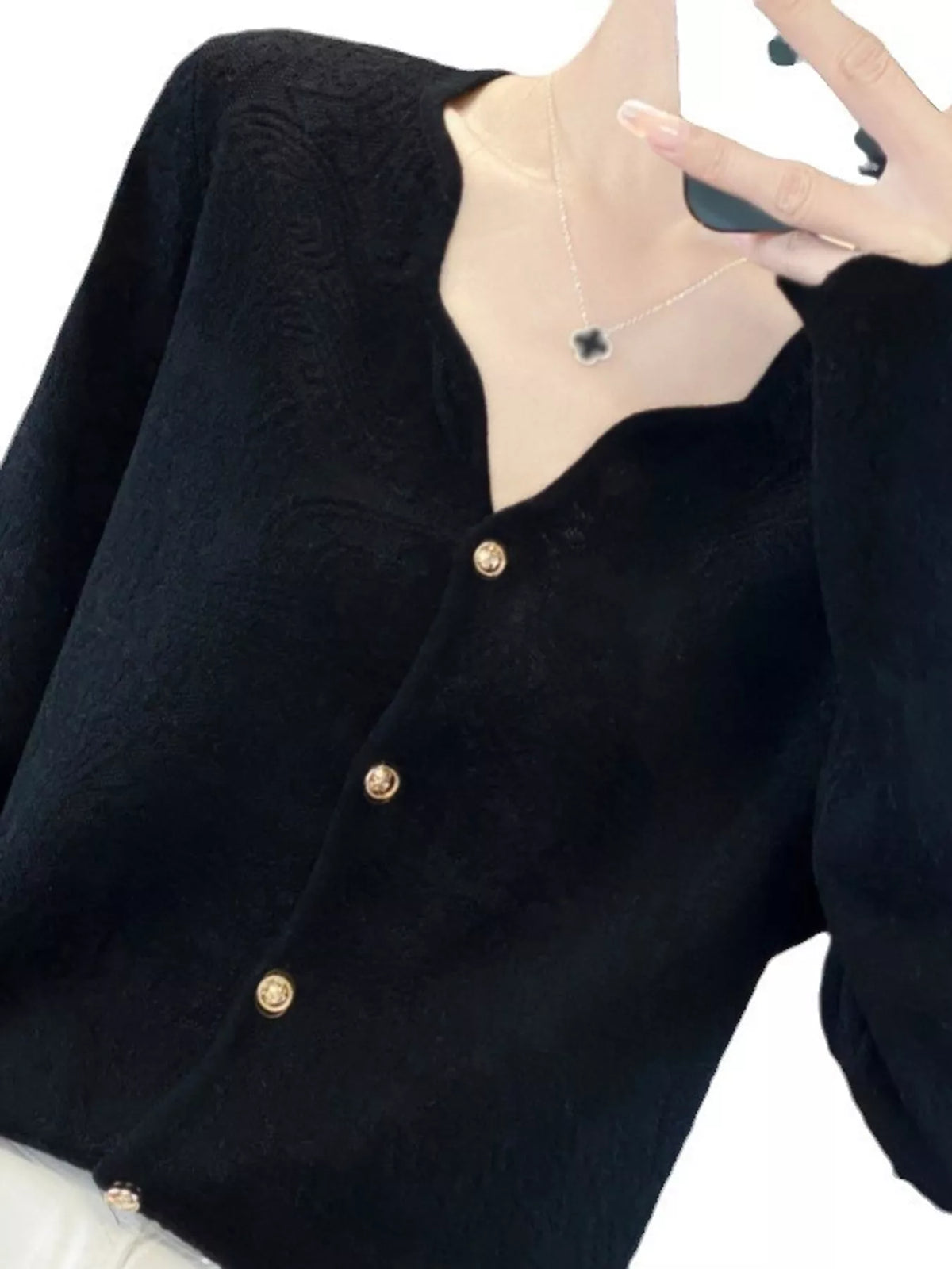 Lace-trim cardigan, black neckline detail