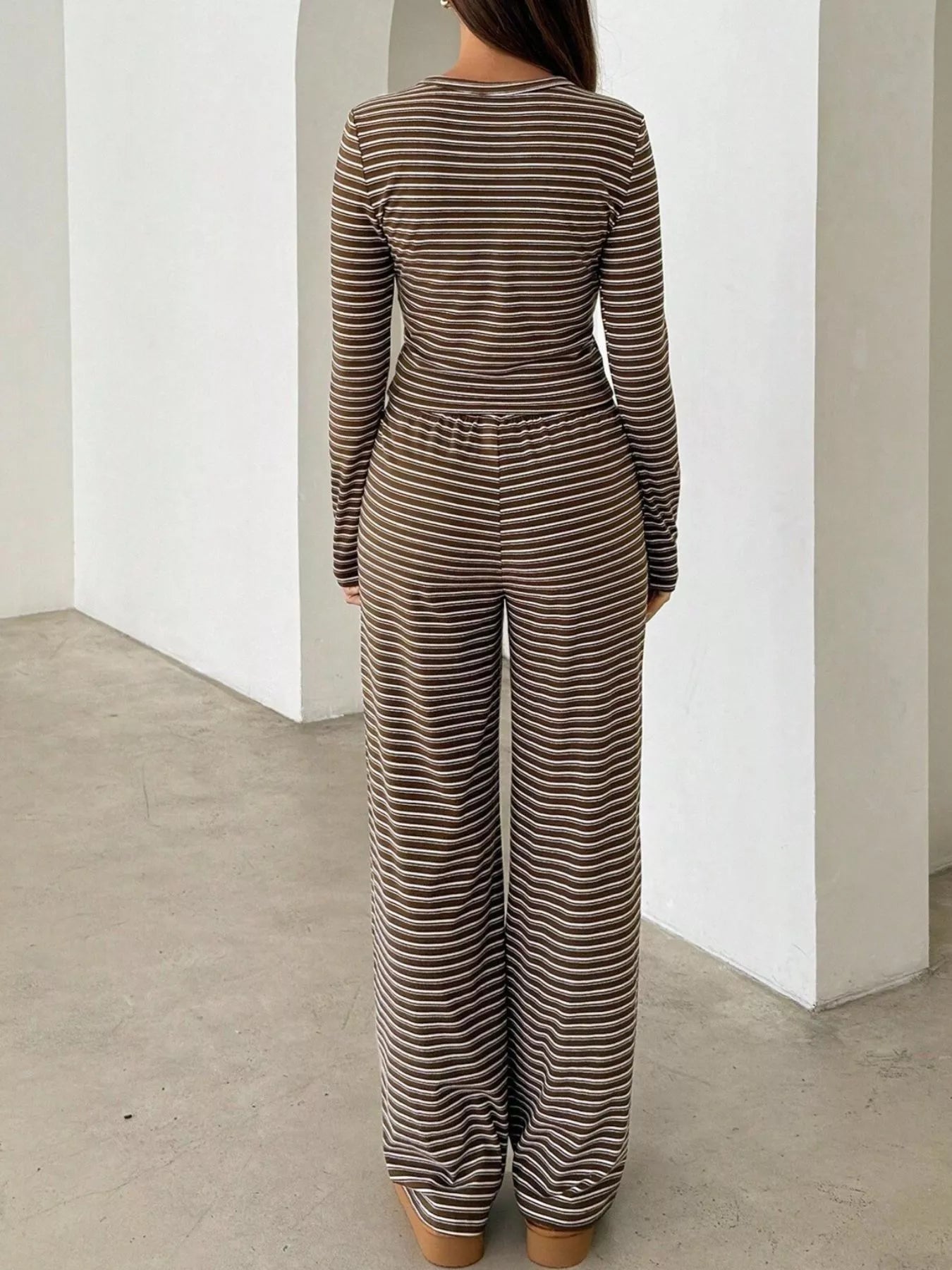 Trendsi Striped Long Sleeve Crop Top and Wide Leg Pants Two-Piece Set -