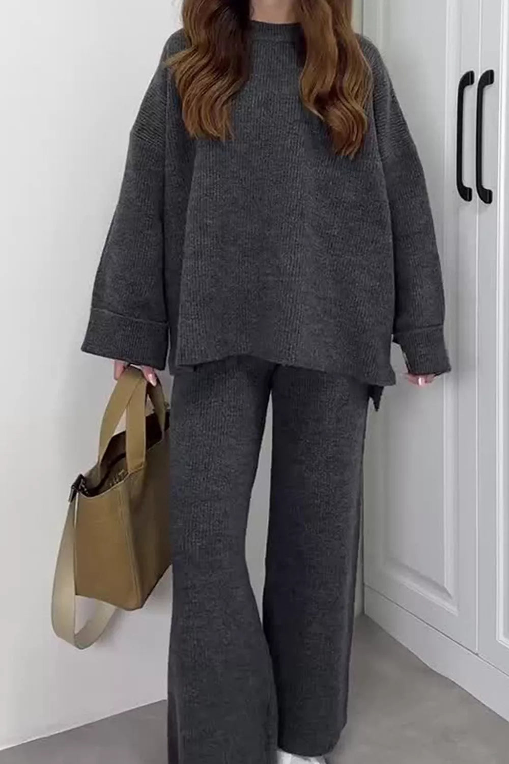 Trendsi Dropped Shoulder Knit Sweater and Wide Leg Pants Set -