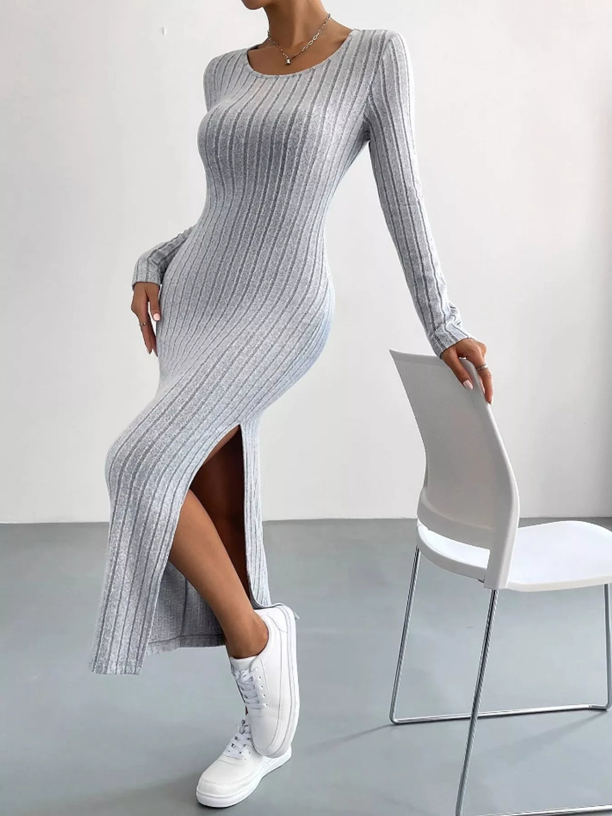 Light gray ribbed long sleeve knit dress with side slit