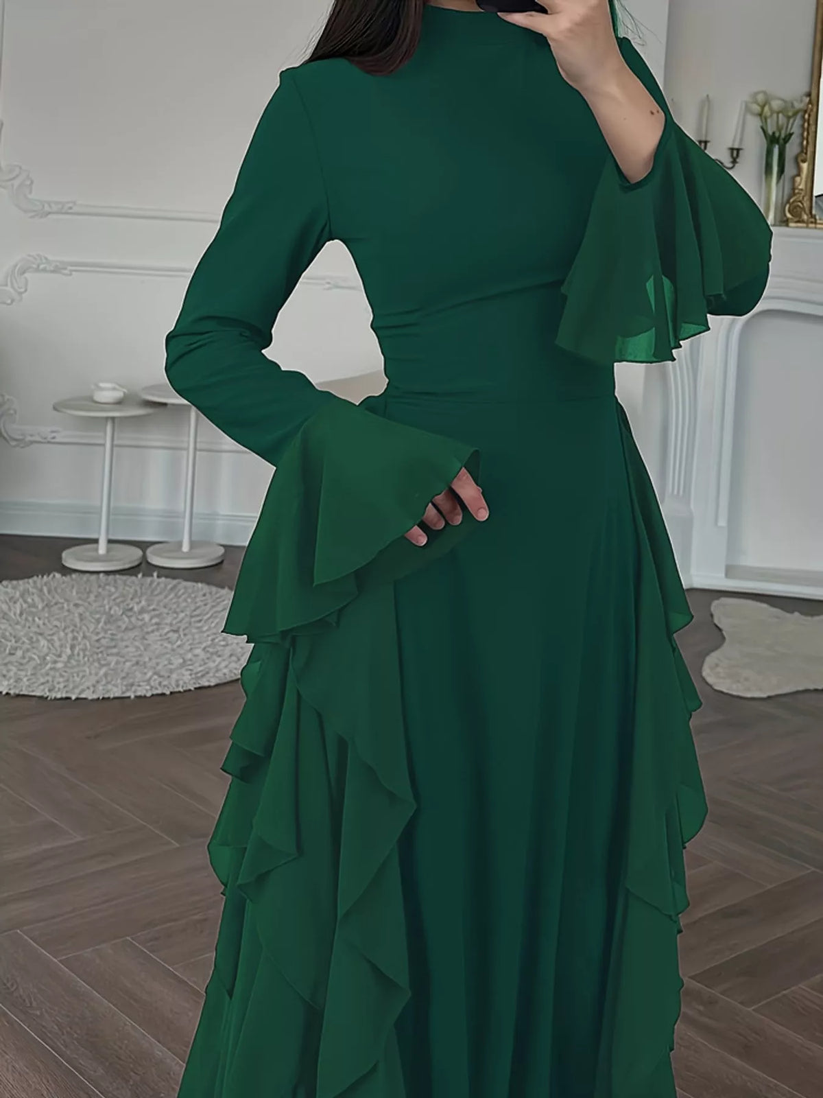 Mock neck long sleeve maxi dress, construction and design details
