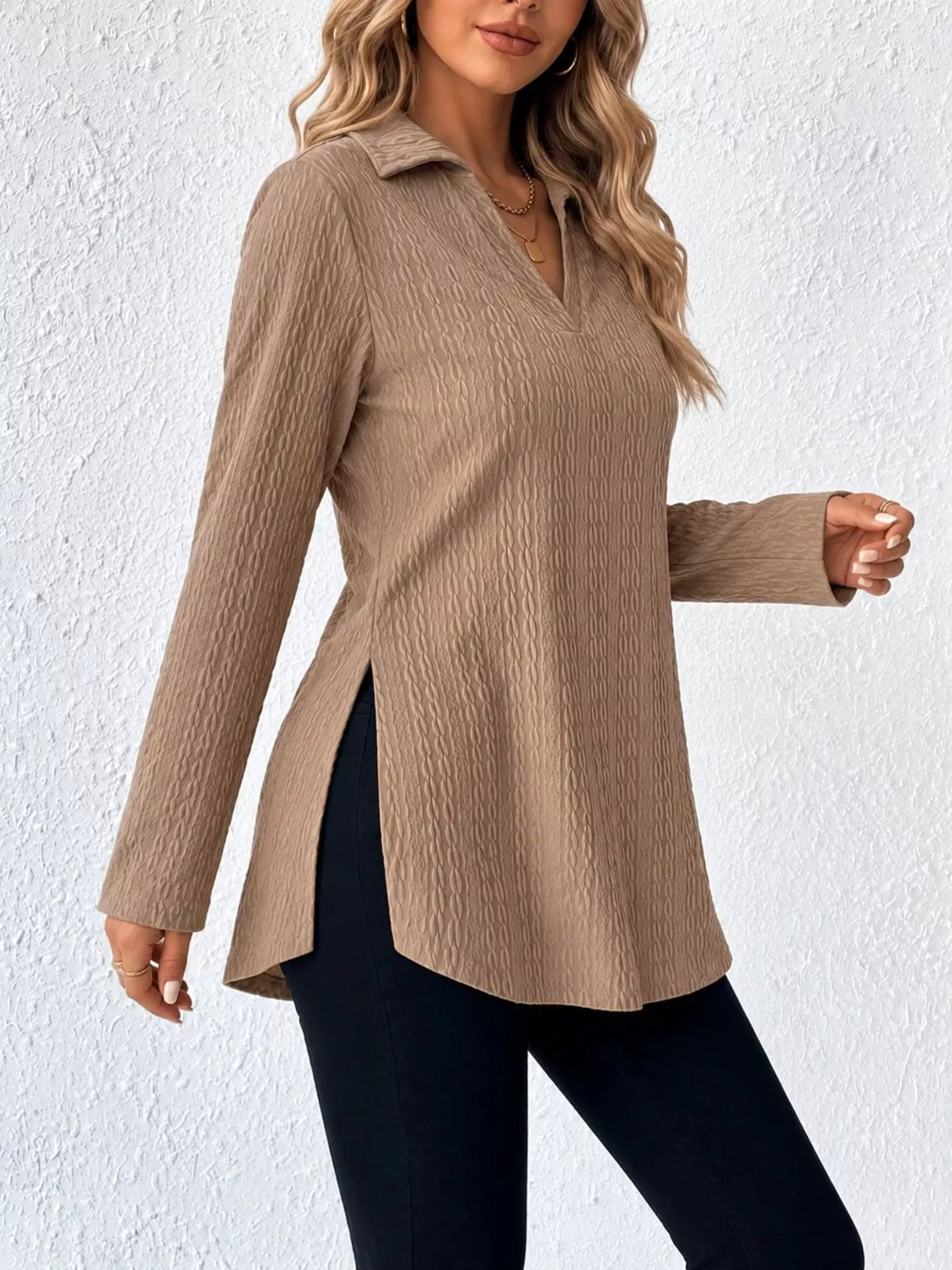 Textured V-Neck Long Sleeve Top with Side Slit, detail view in mocha