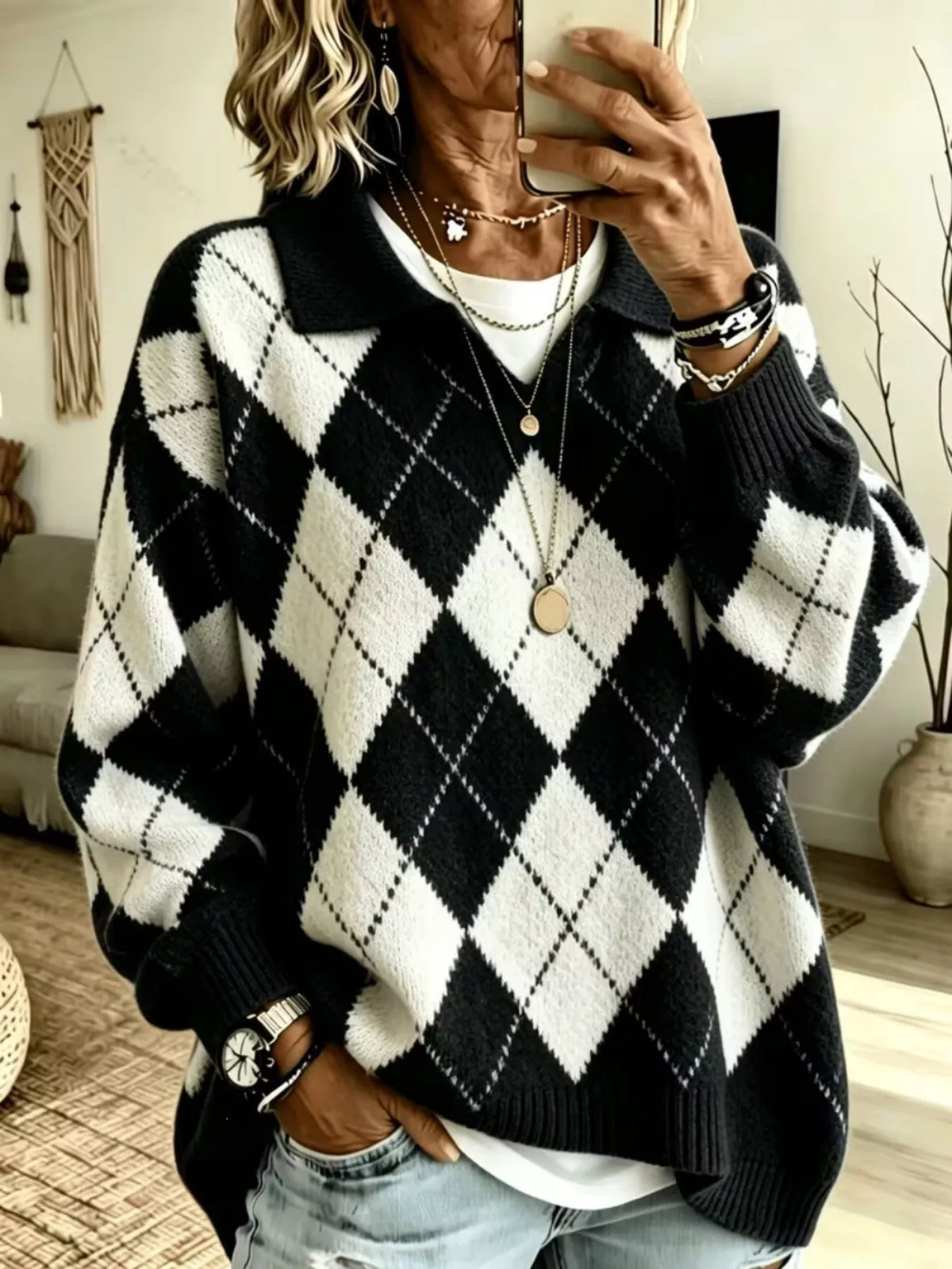 Women's Argyle Pattern Polo Collar Sweater in black and white — front view