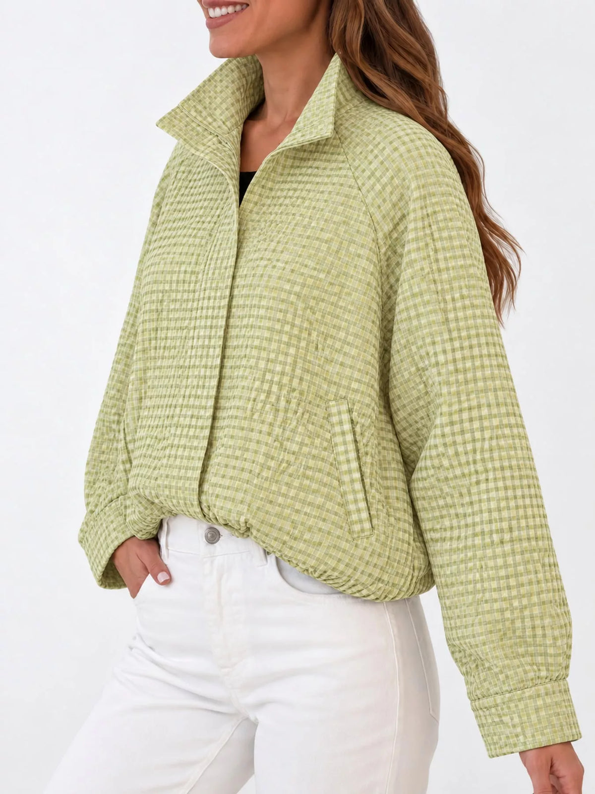 Lime Green plaid stand-collar cropped jacket