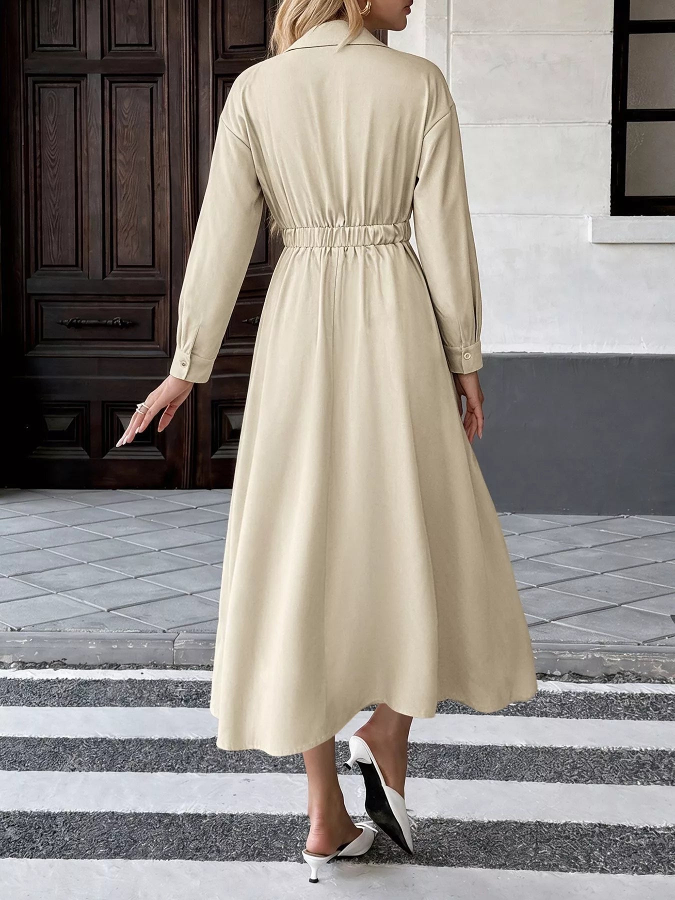 Trendsi Pleated Button Detail Long Sleeve Shirt Dress -