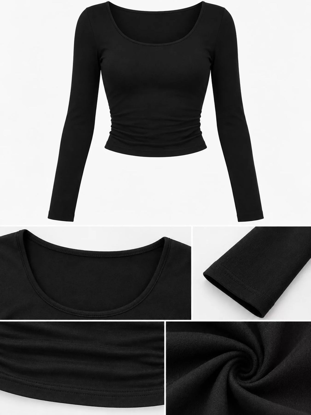 Black u-neck cropped t-shirt, scoop neckline, sleeve, hem, and fabric close-ups