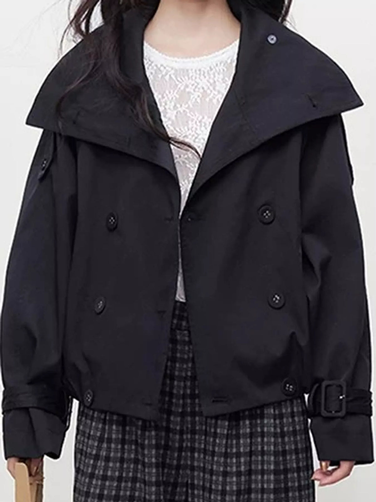 Lapel Double-Breasted Trench Jacket in black-2797
