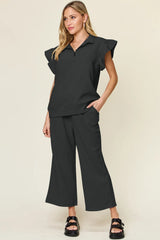 Trendsi Double Take Texture Ruffle Short Sleeve Top and Drawstring Wide Leg Pants Set -